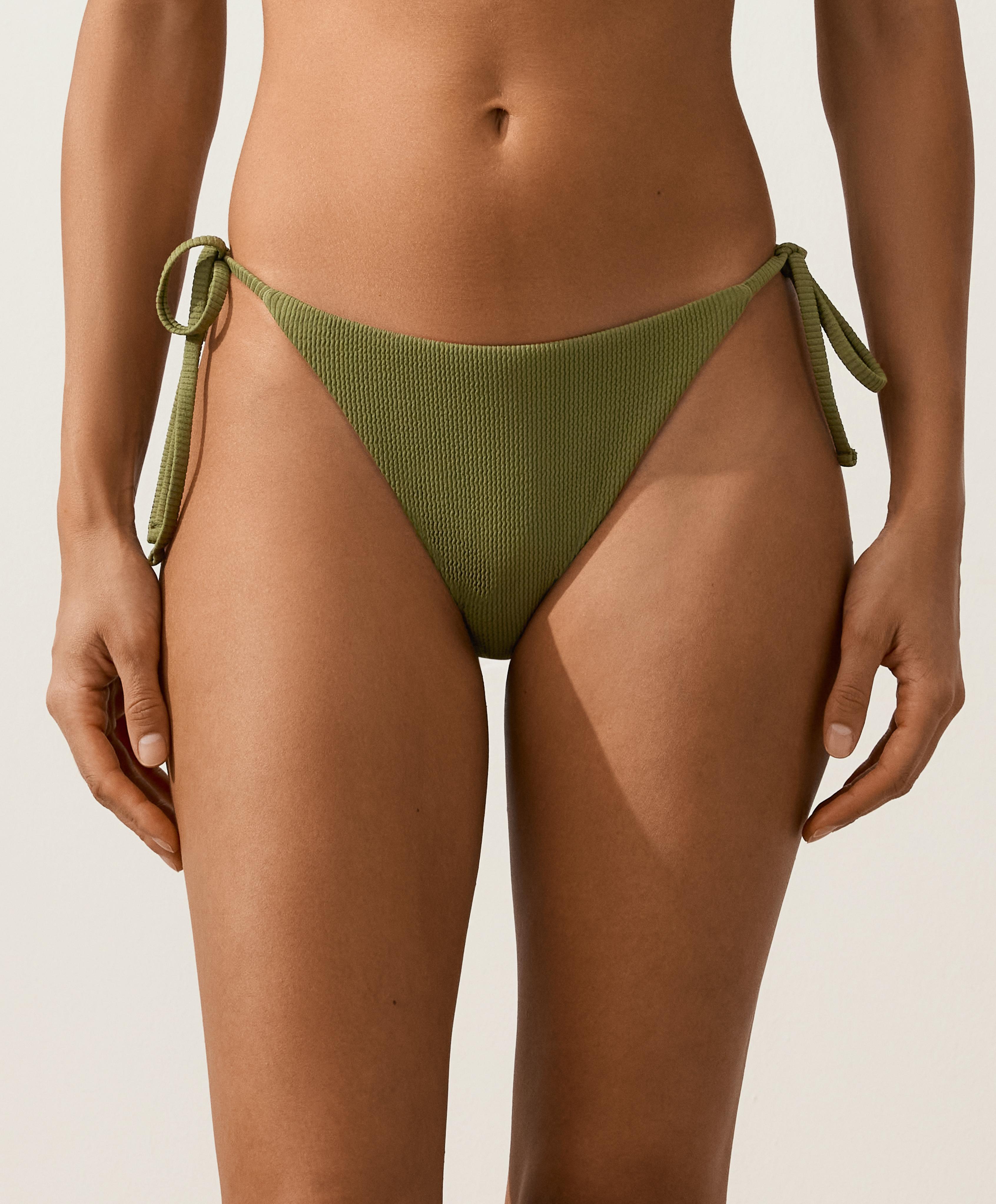 Medium-coverage tie rib bikini briefs — LIGHT KHAKI