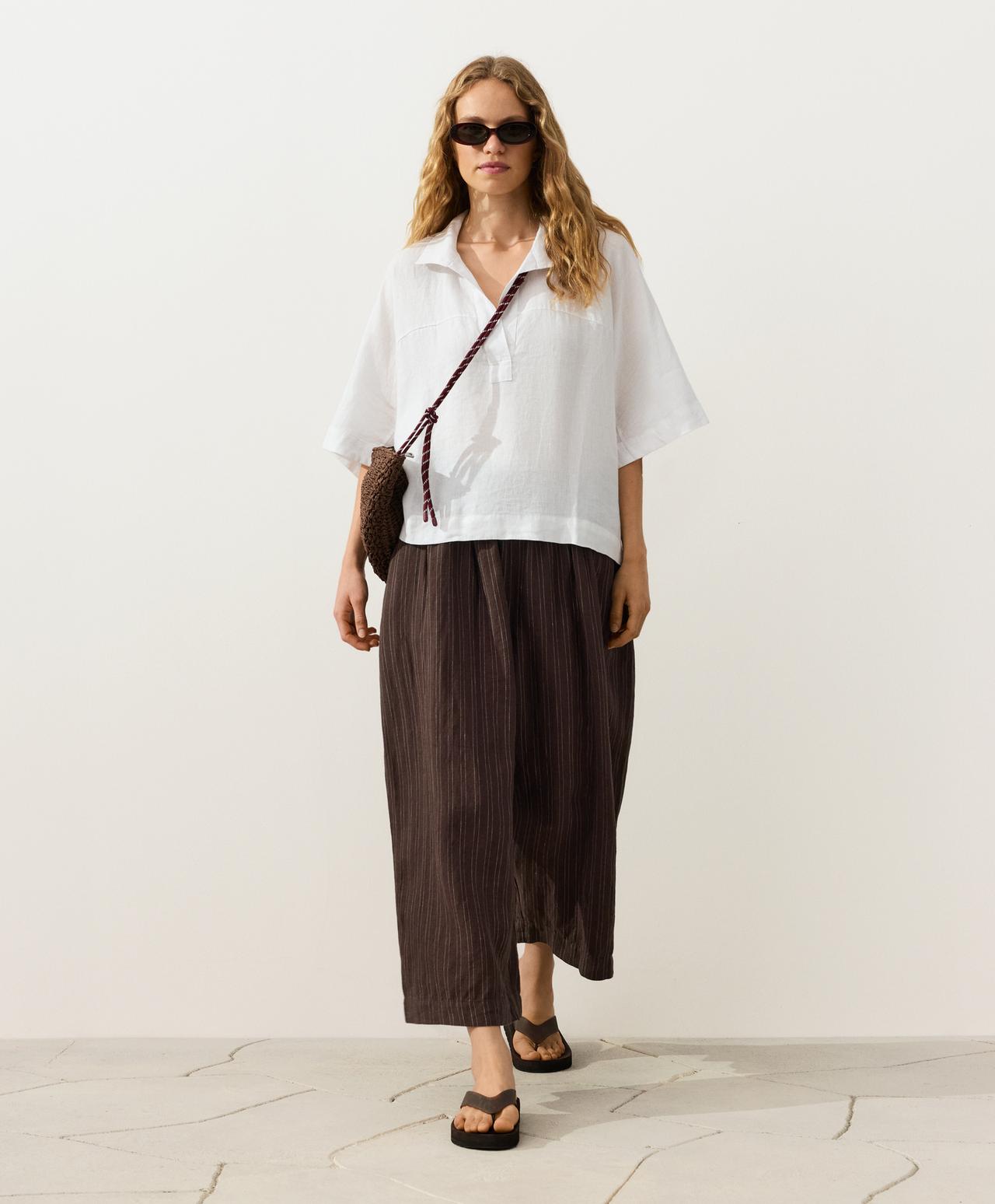 Striped 100% linen balloon crop trousers — EARTH