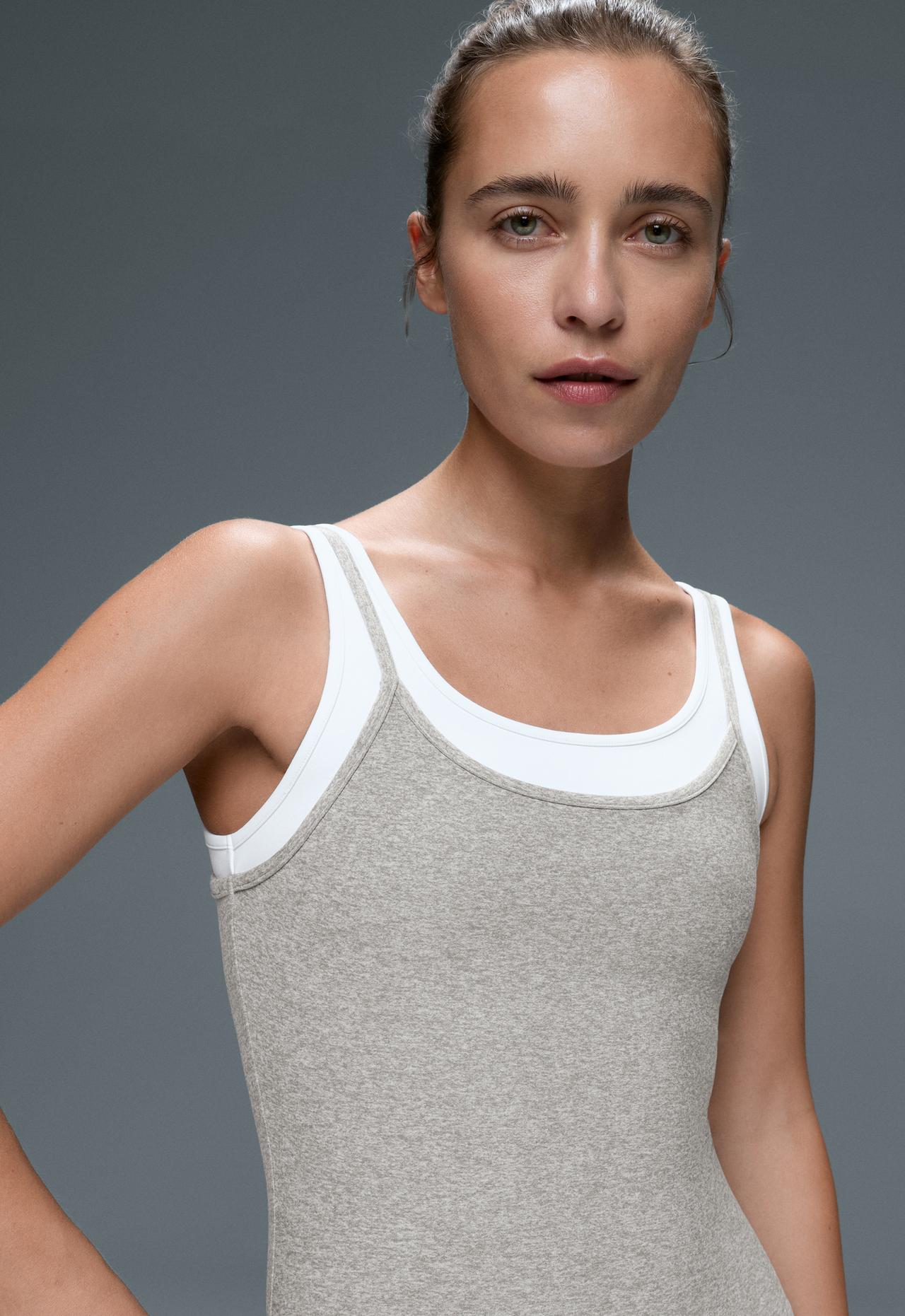 Comfortlux short jumpsuit with heathered overlay — GREY MELANGE