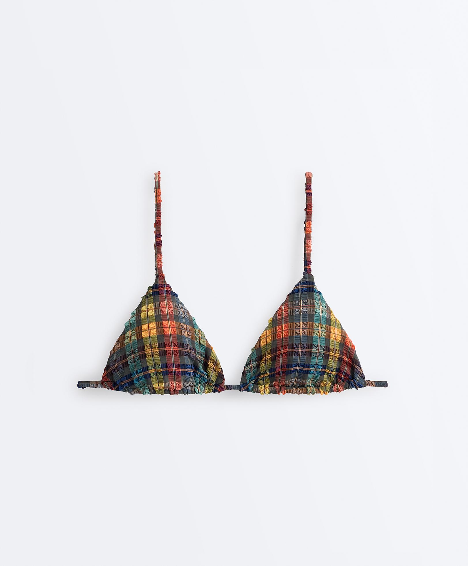 Textured check print triangle bikini top — BLUE GREEN