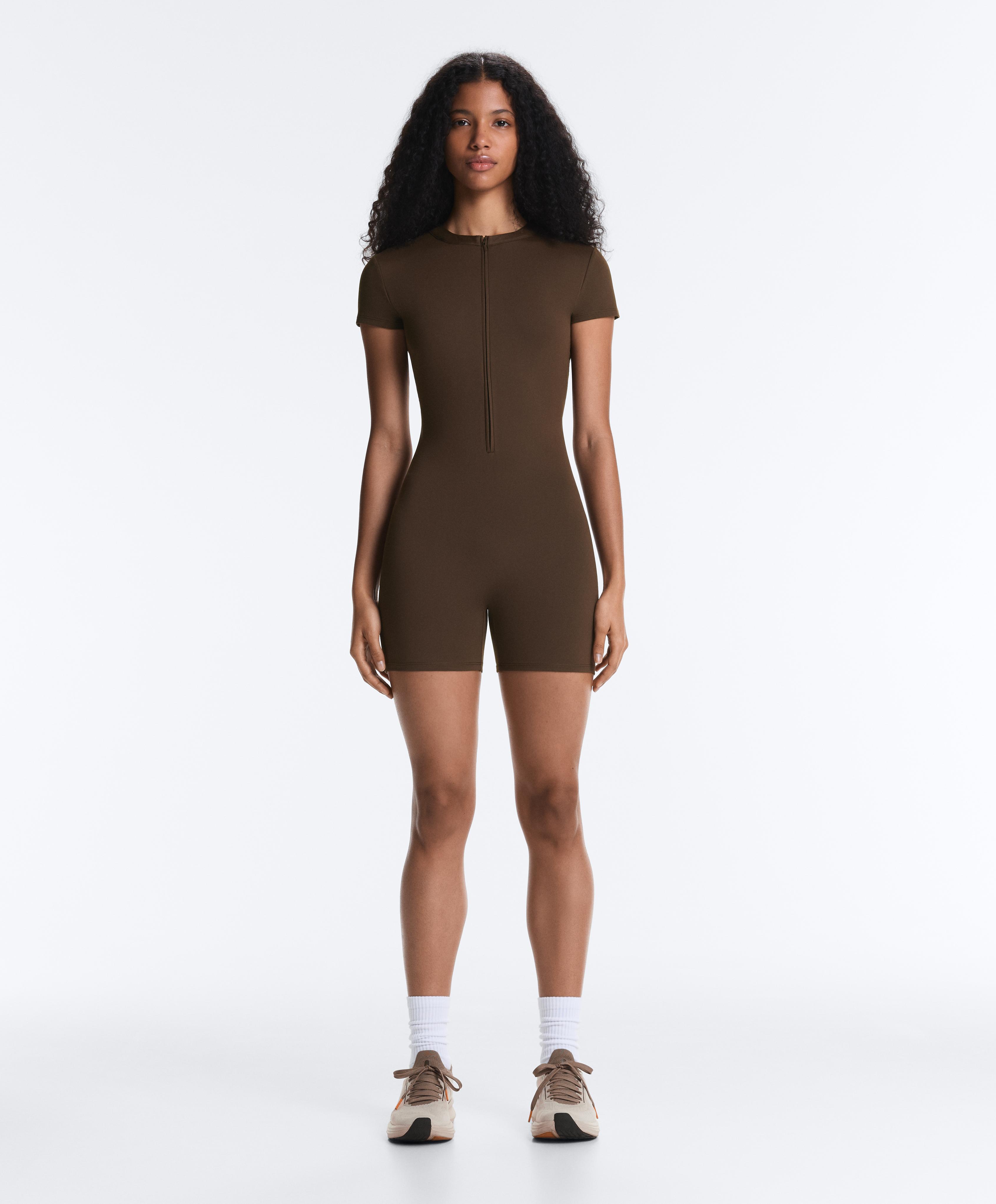 Comfortlux short zip jumpsuit — DARK BROWN