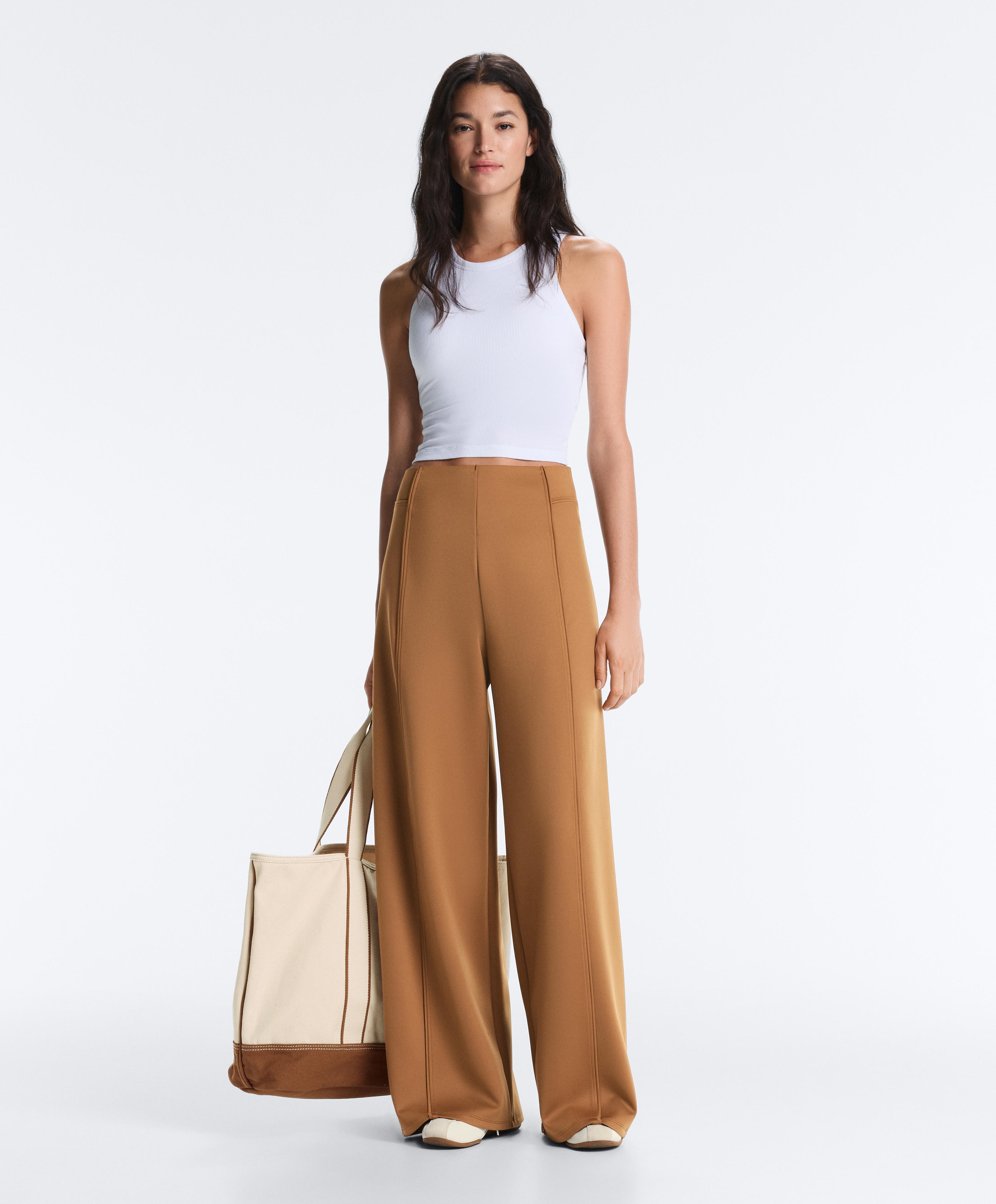 Neoprene effect high rise wide-leg trousers — PALE BROWN