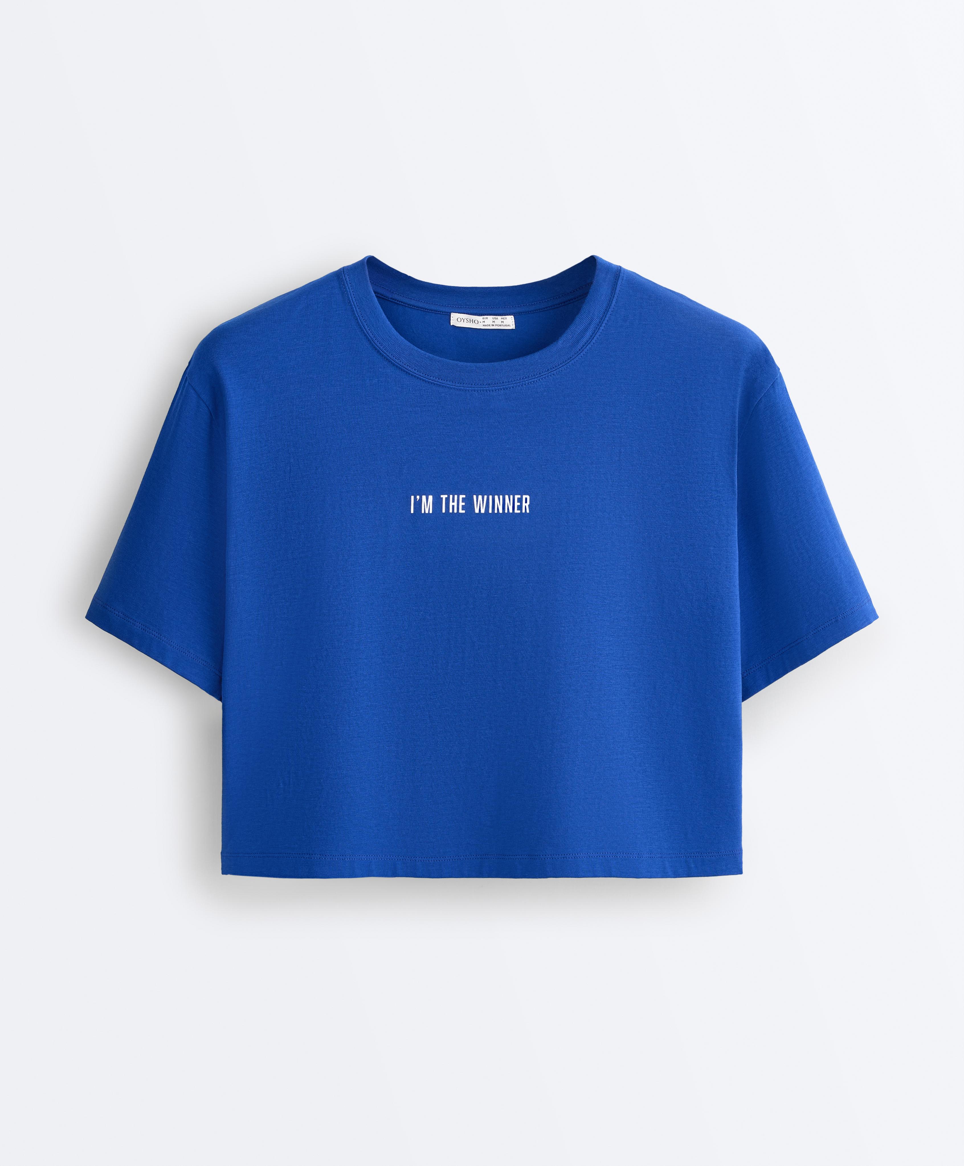 Boxy cropped cotton blend slogan T-shirt — ELECTRIC BLUE