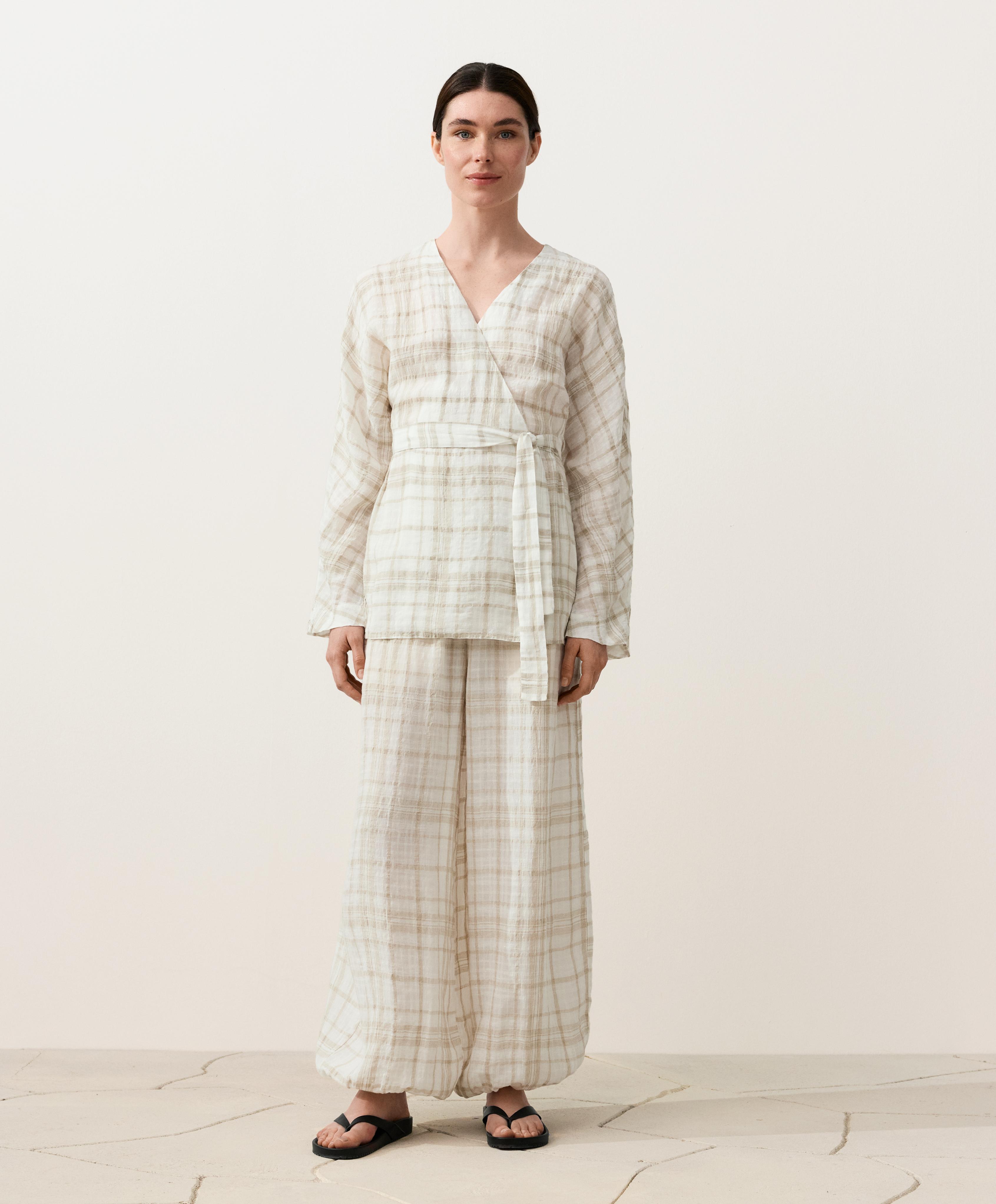 Check linen and lyocell blend kimono shirt