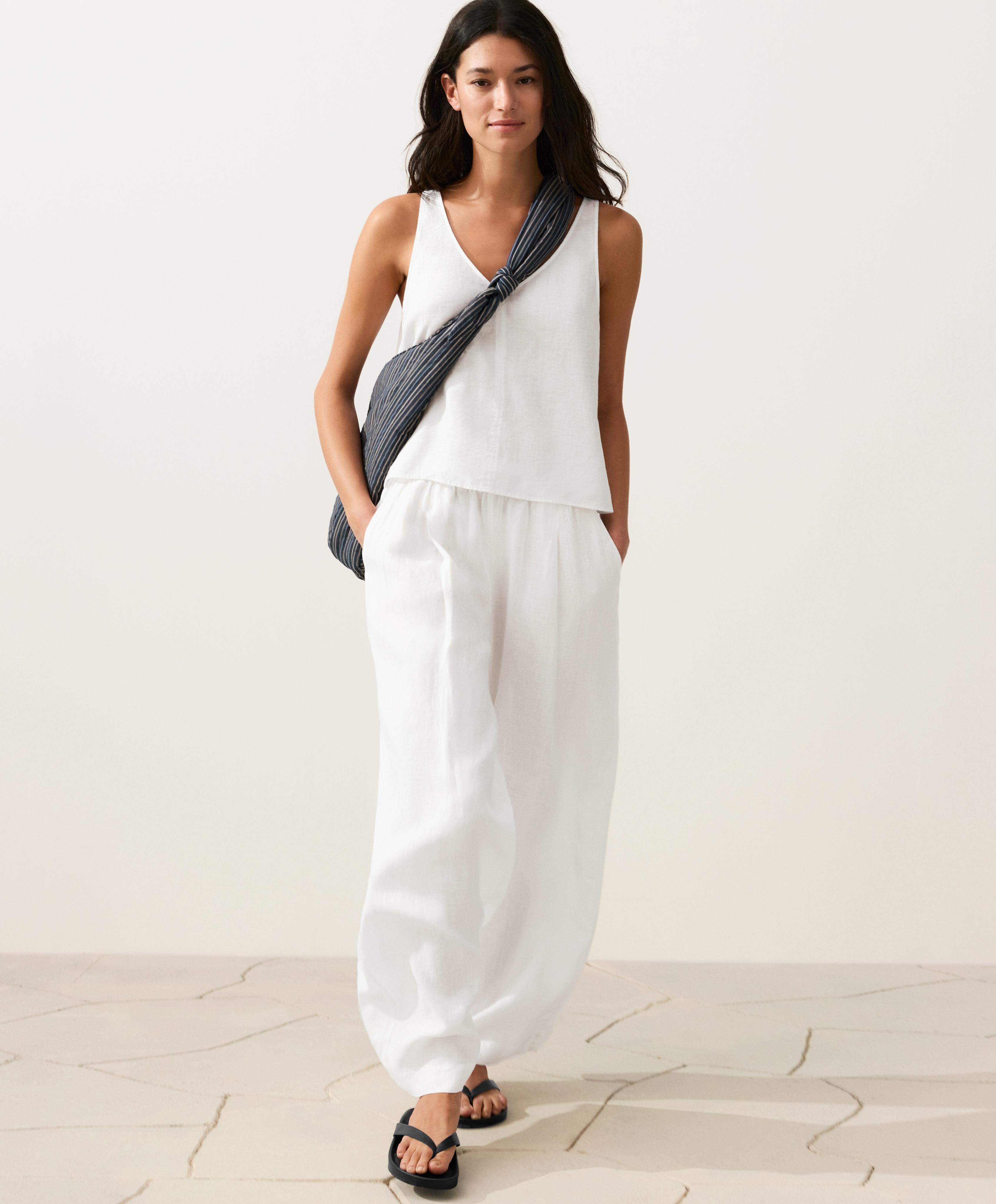 100% linen V-neck strap top — WHITE 