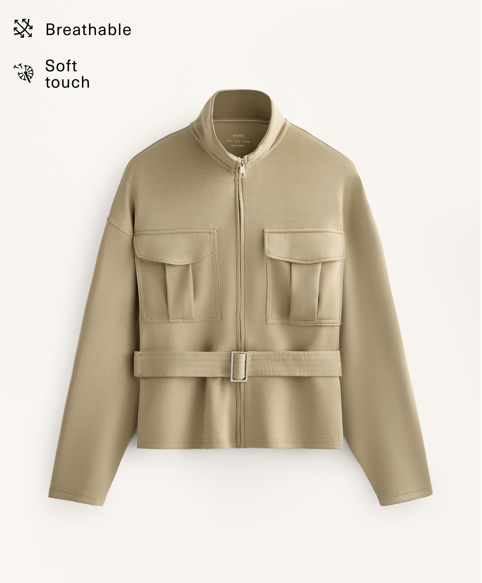 Soft-touch belted jacket with modal — GREEN BEIGE