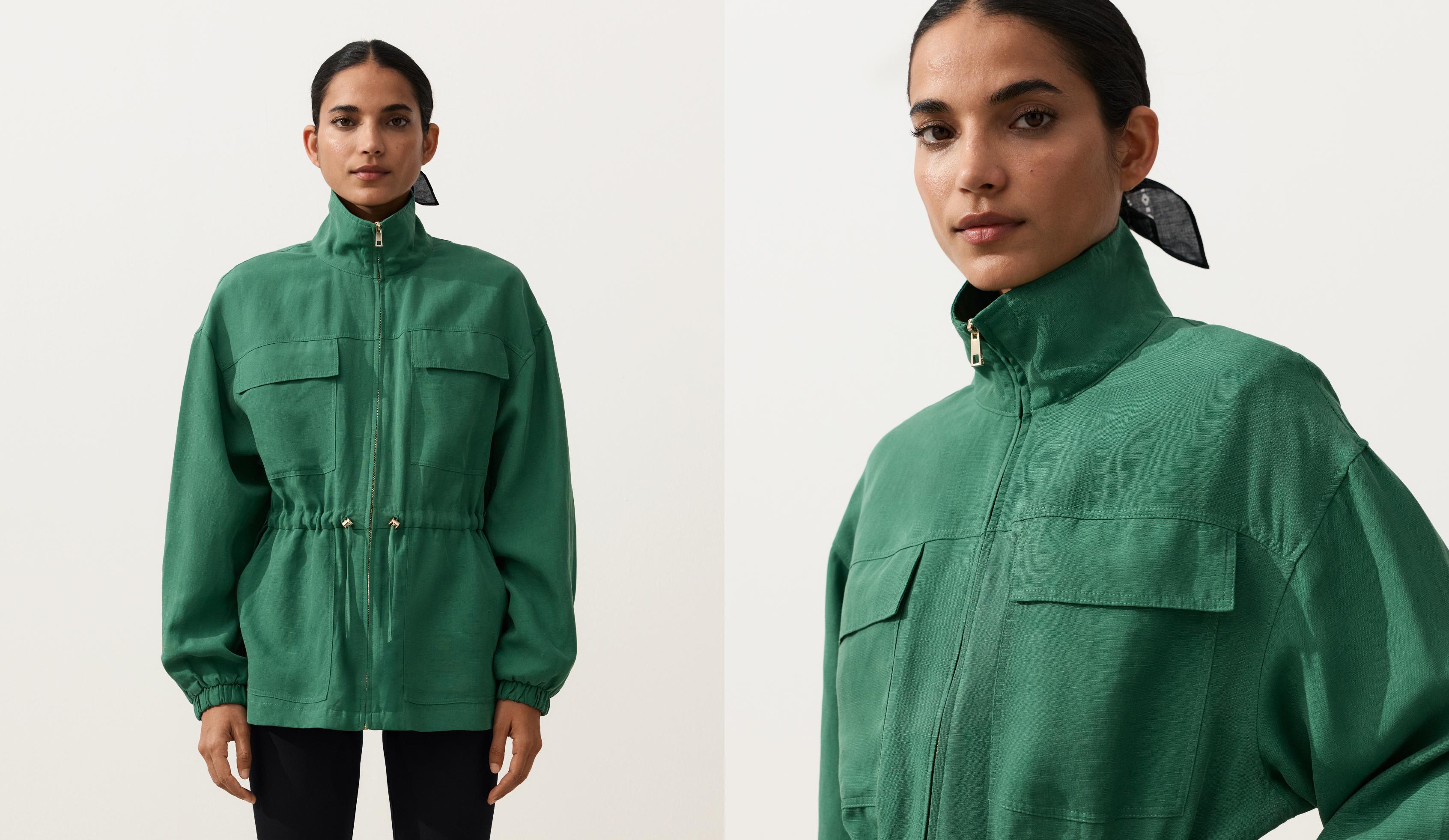 Lyocell and 24% linen blend ruched waist jacket — EMERALD GREEN