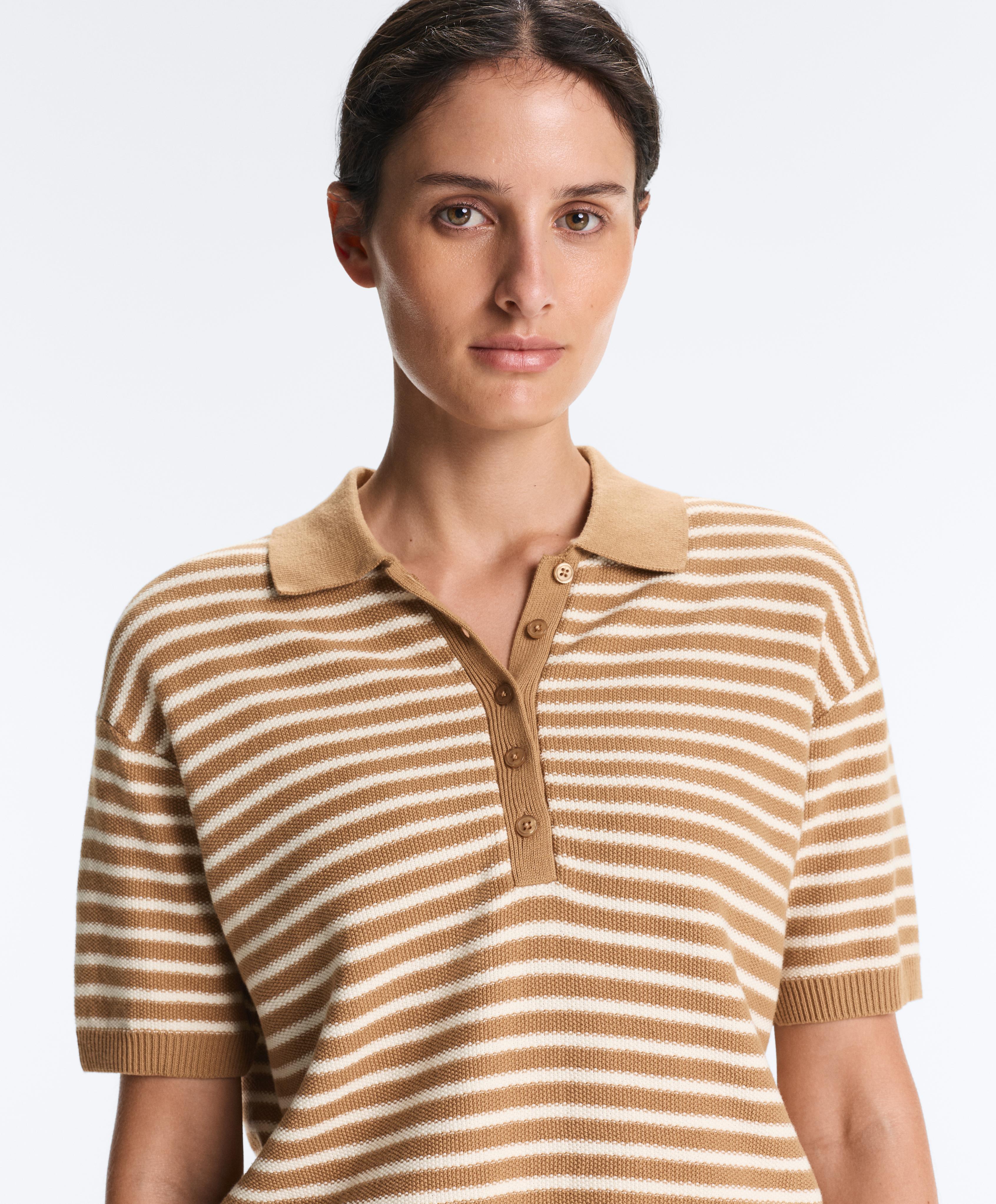 100% cotton striped knit polo shirt — PALE ECRU