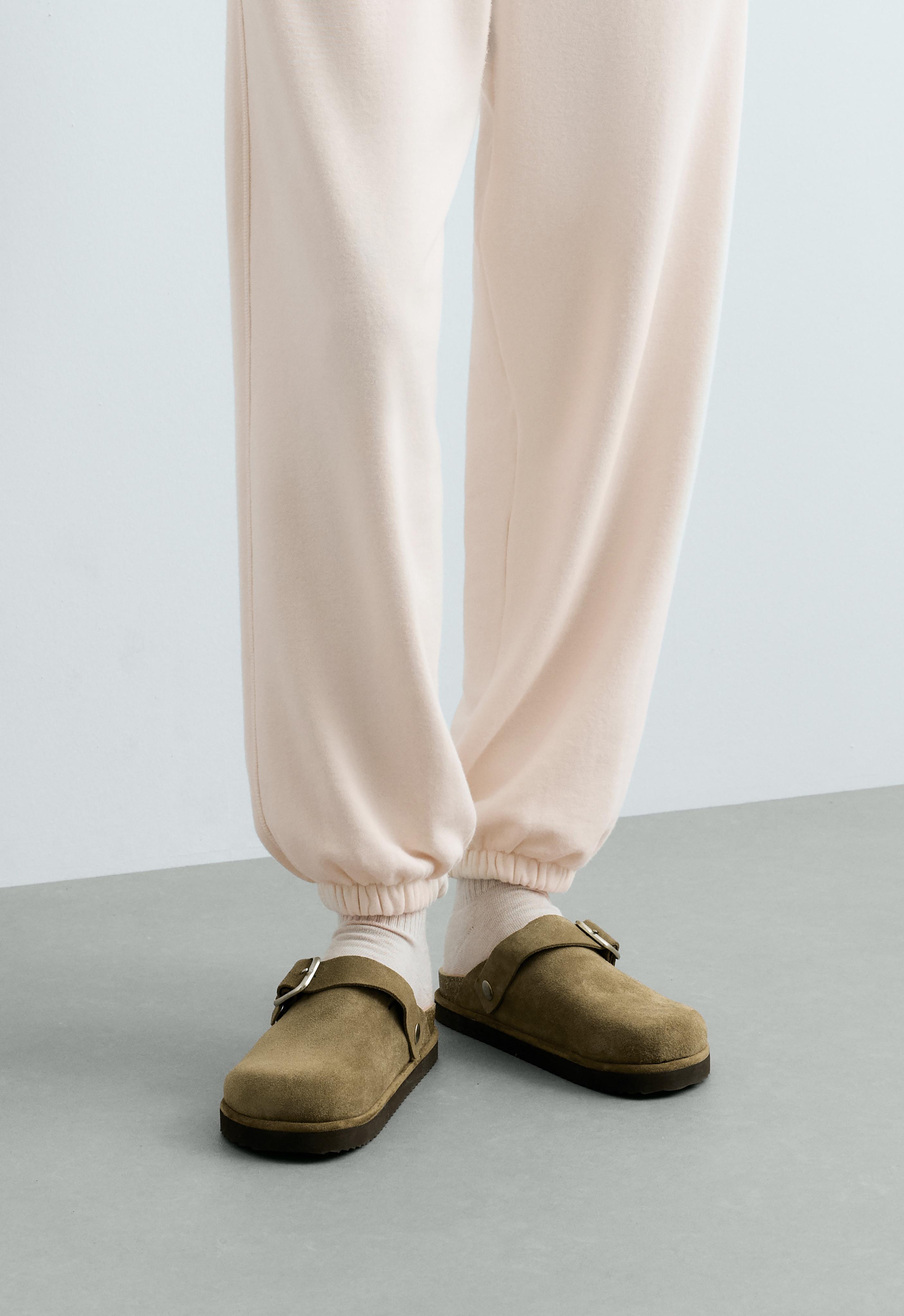 Split-leather buckled mules — KHAKI