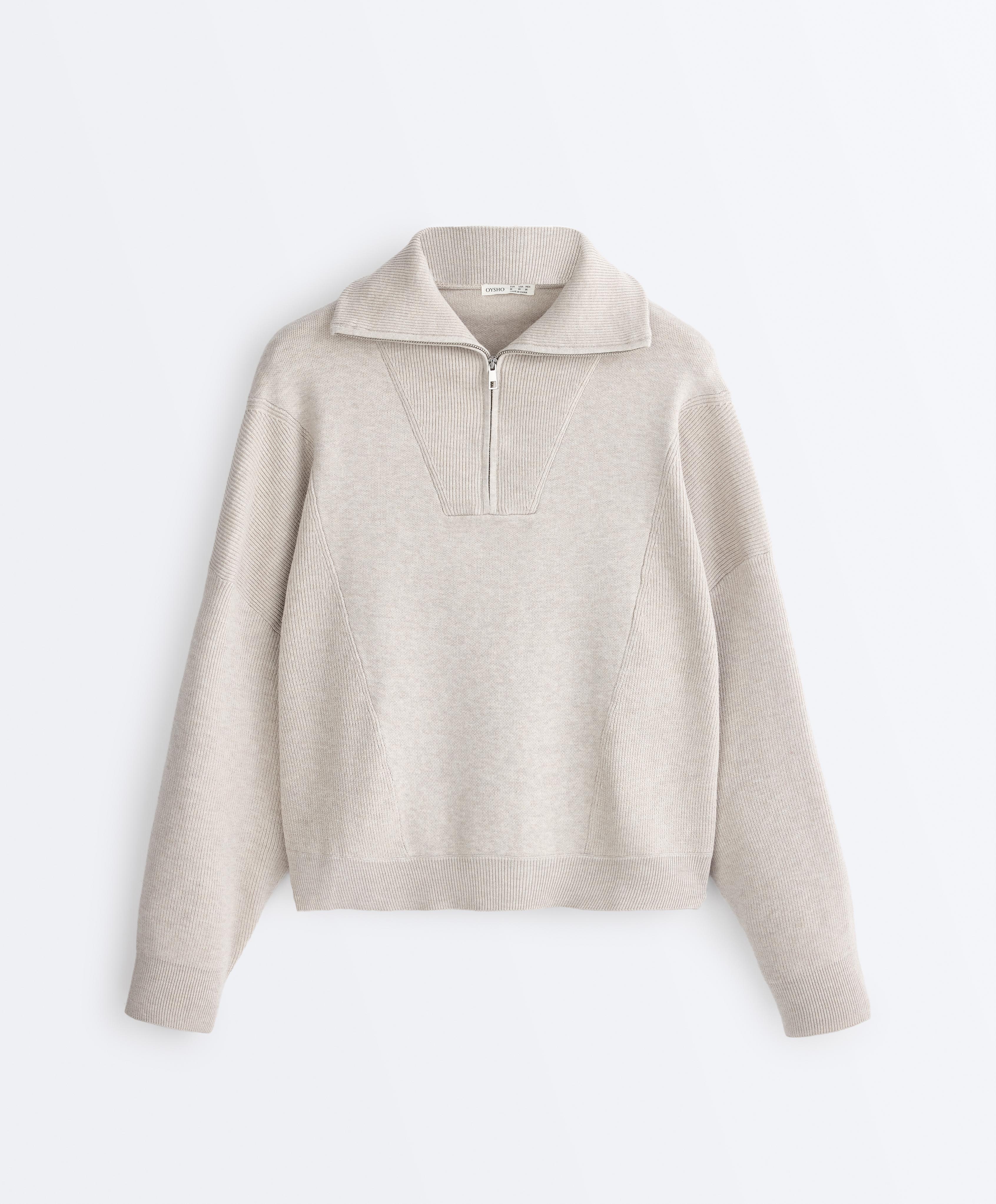 Knit jumper with raised neck and rib details — LIGHT STONE