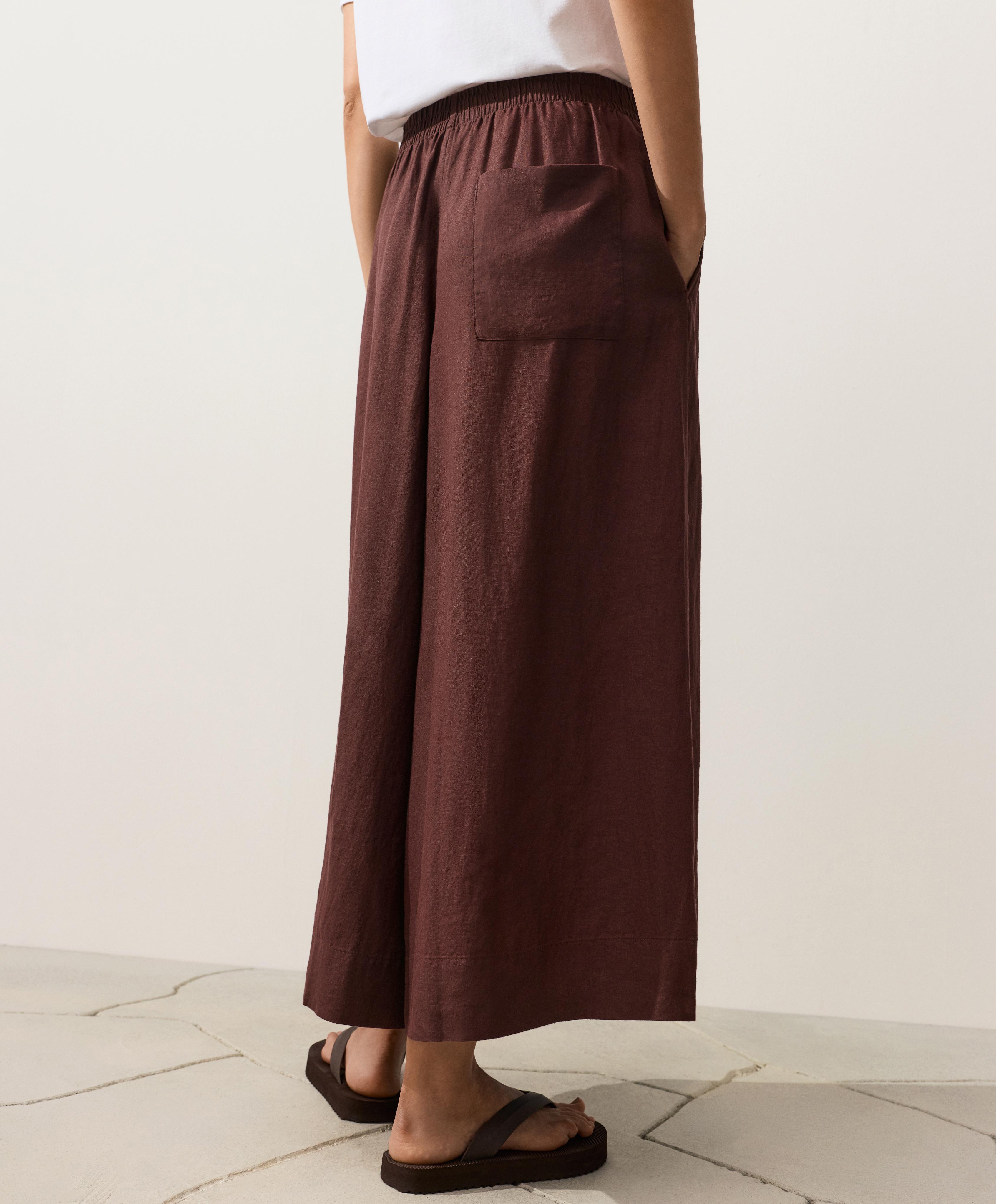 100% linen super wide-leg cropped trousers — CHOCOLATE