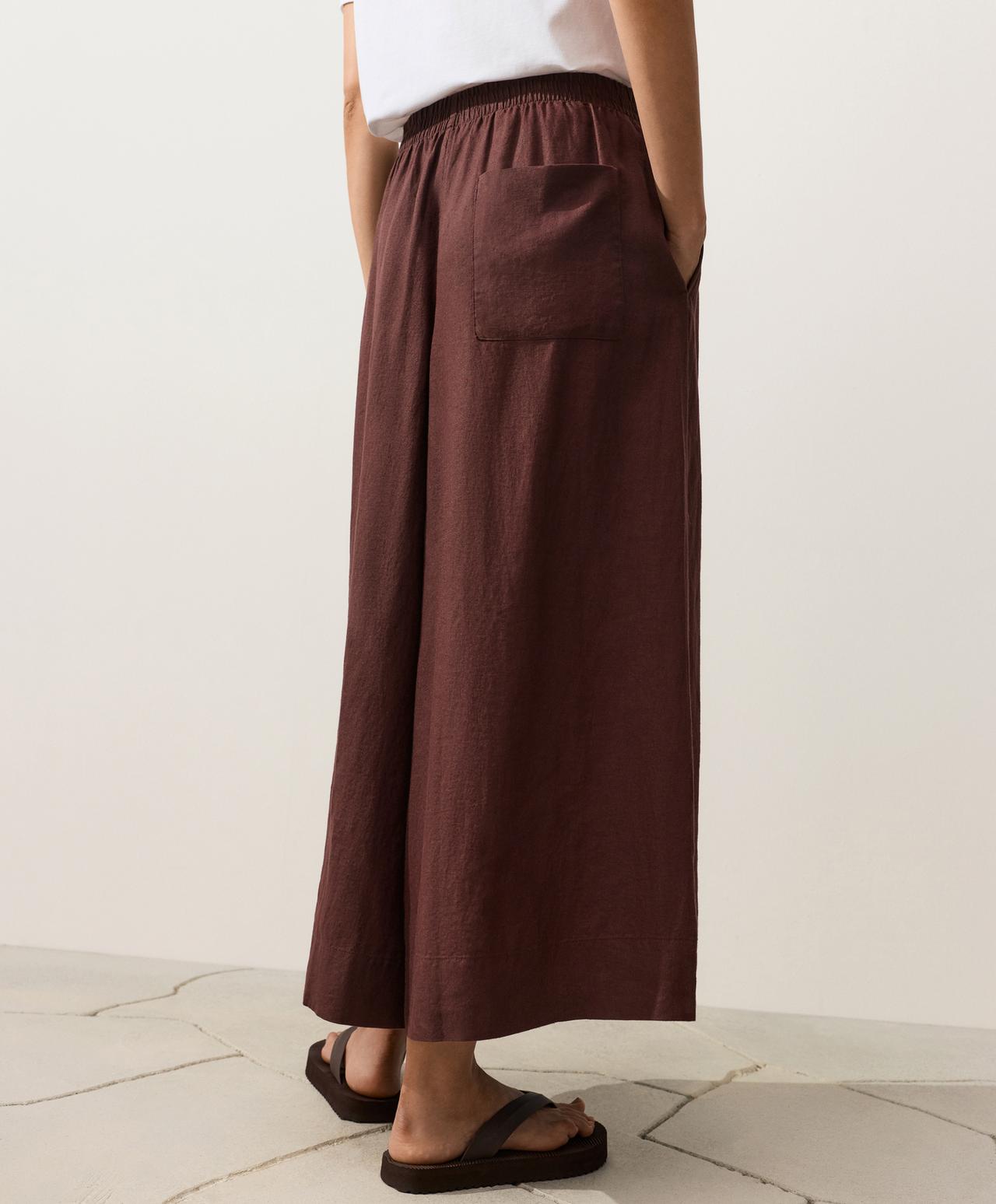100% linen super wide-leg cropped trousers — CHOCOLATE