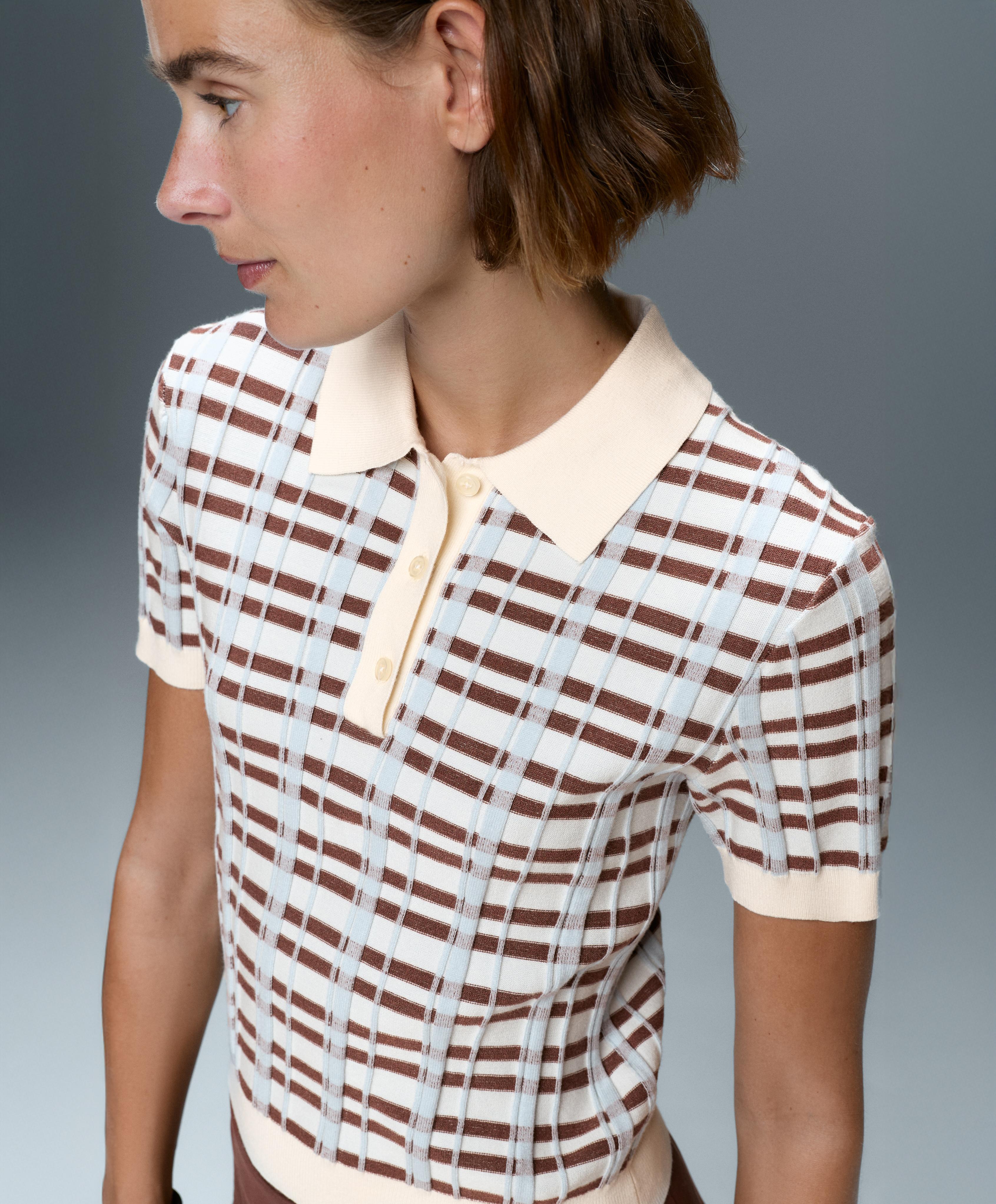 Short sleeve check knit polo shirt — PALE ECRU