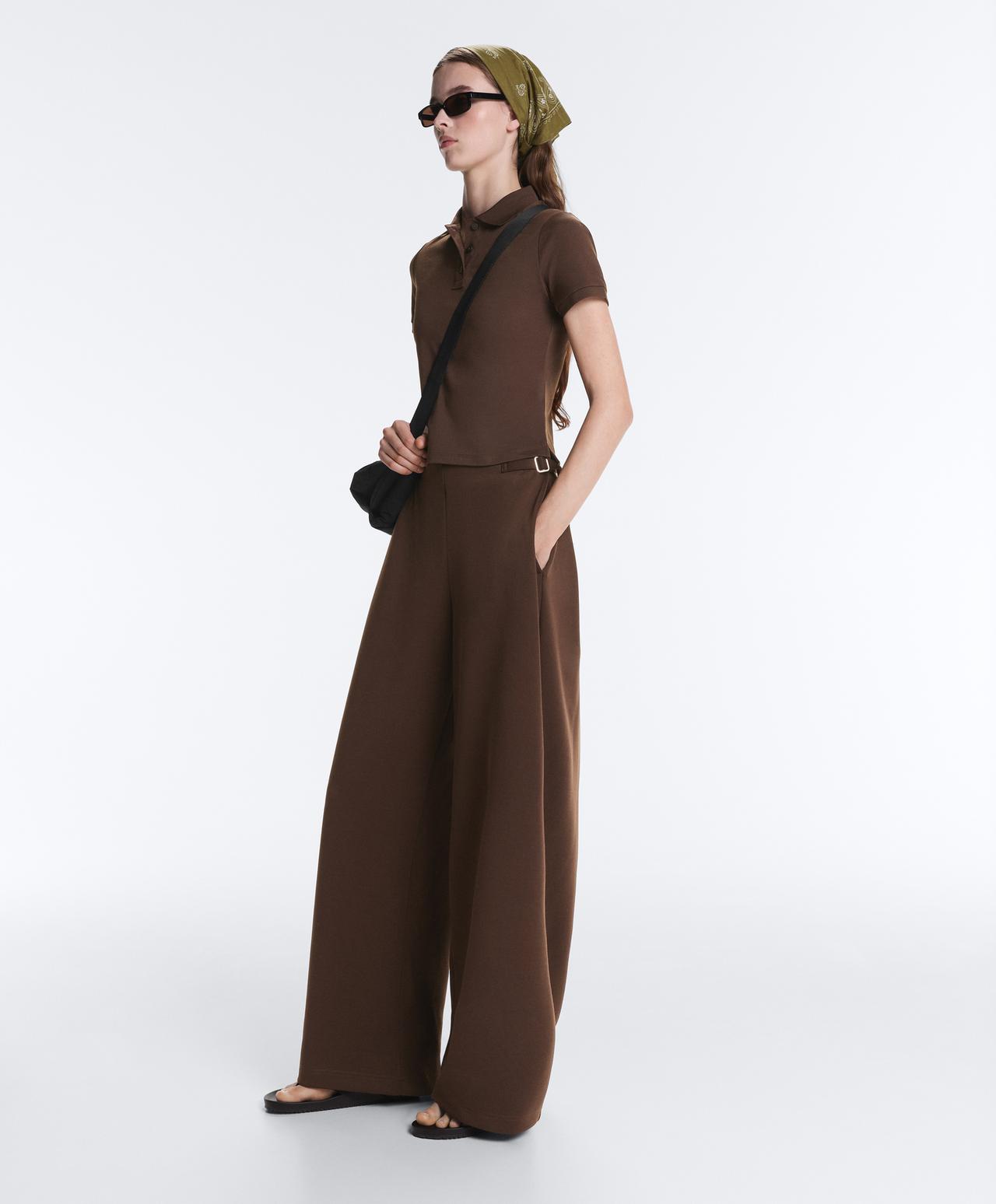 Wide-leg high rise pique trousers with buckles — DARK BROWN
