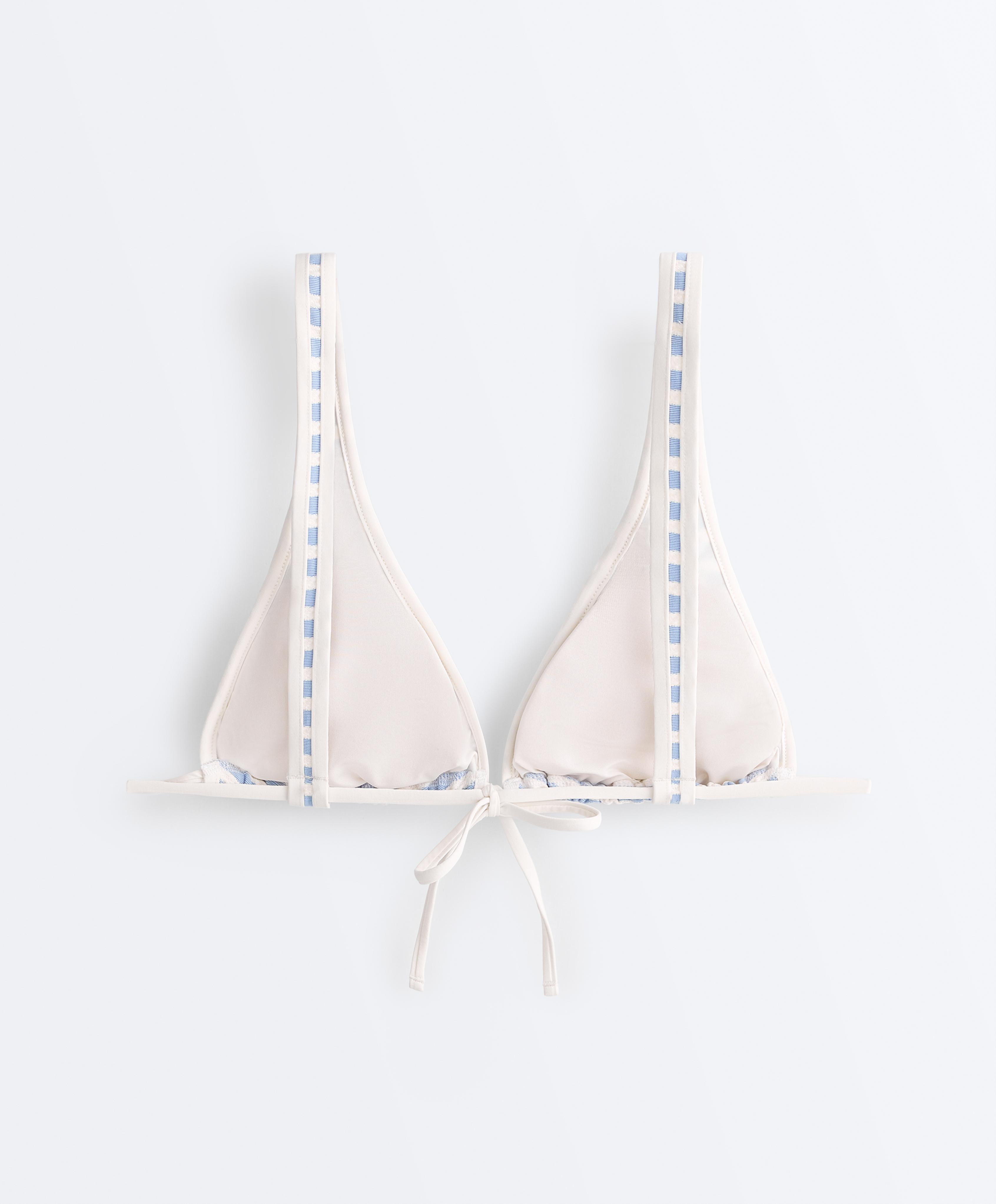 Textured stripe triangle halterneck bikini top — WASHED SKY BLUE