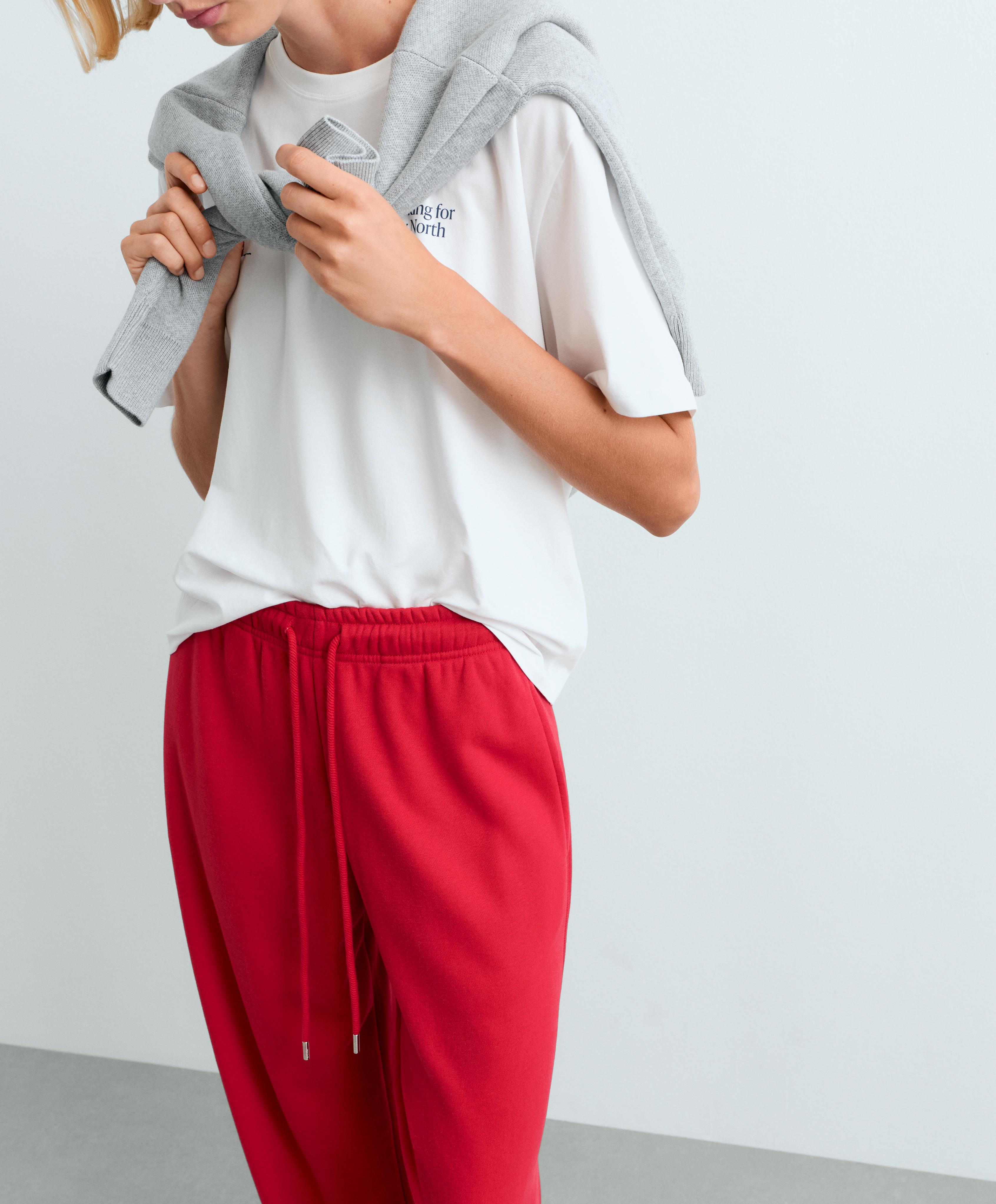 Cotton blend fleece straight-leg trousers — STRAWBERRY
