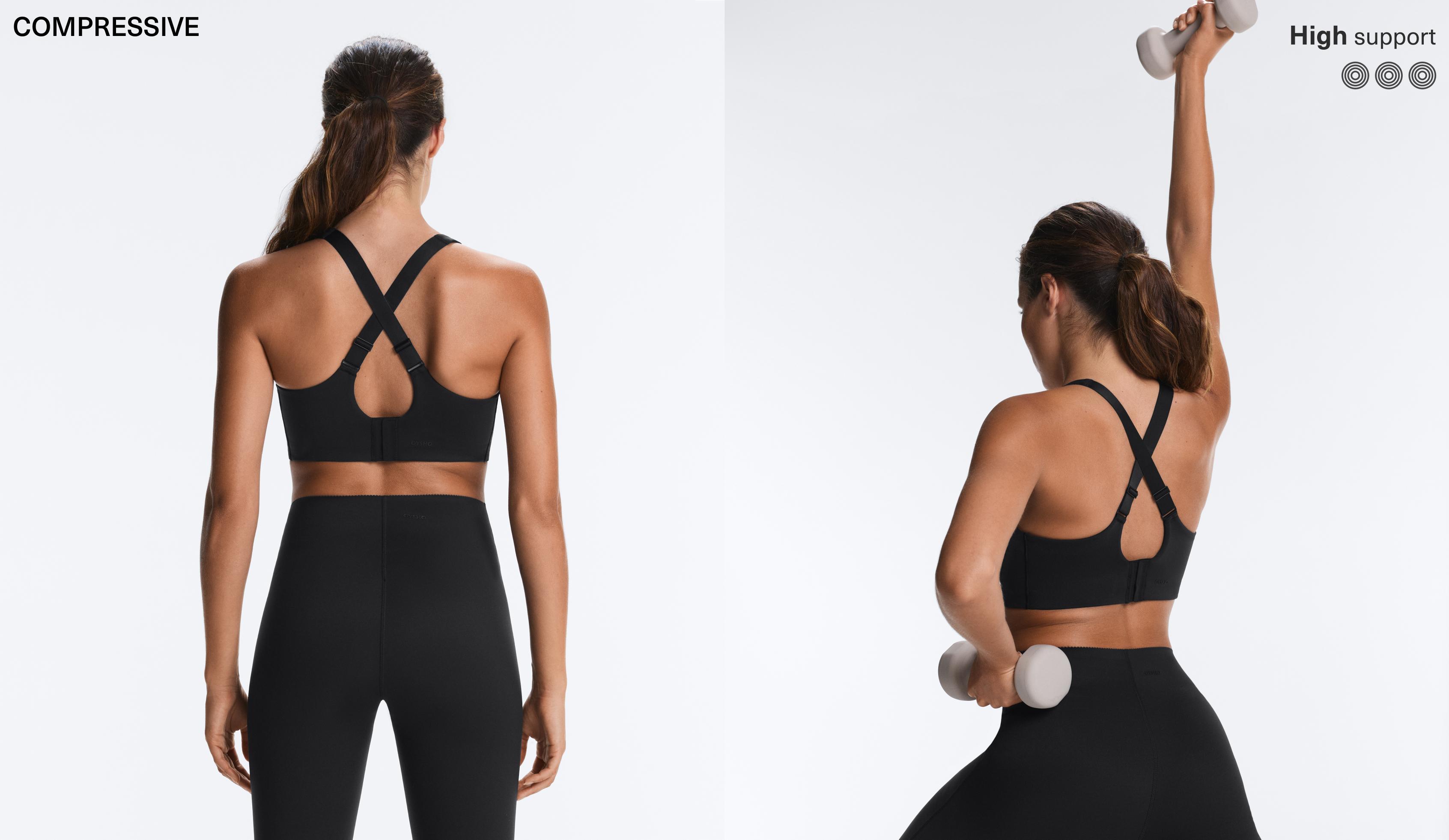 High-support Compressive sports bra with crossover back — BLACK