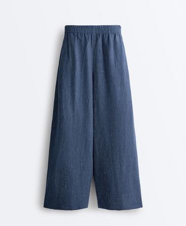 100% linen super wide-leg cropped trousers — BLUE MELANGE 7