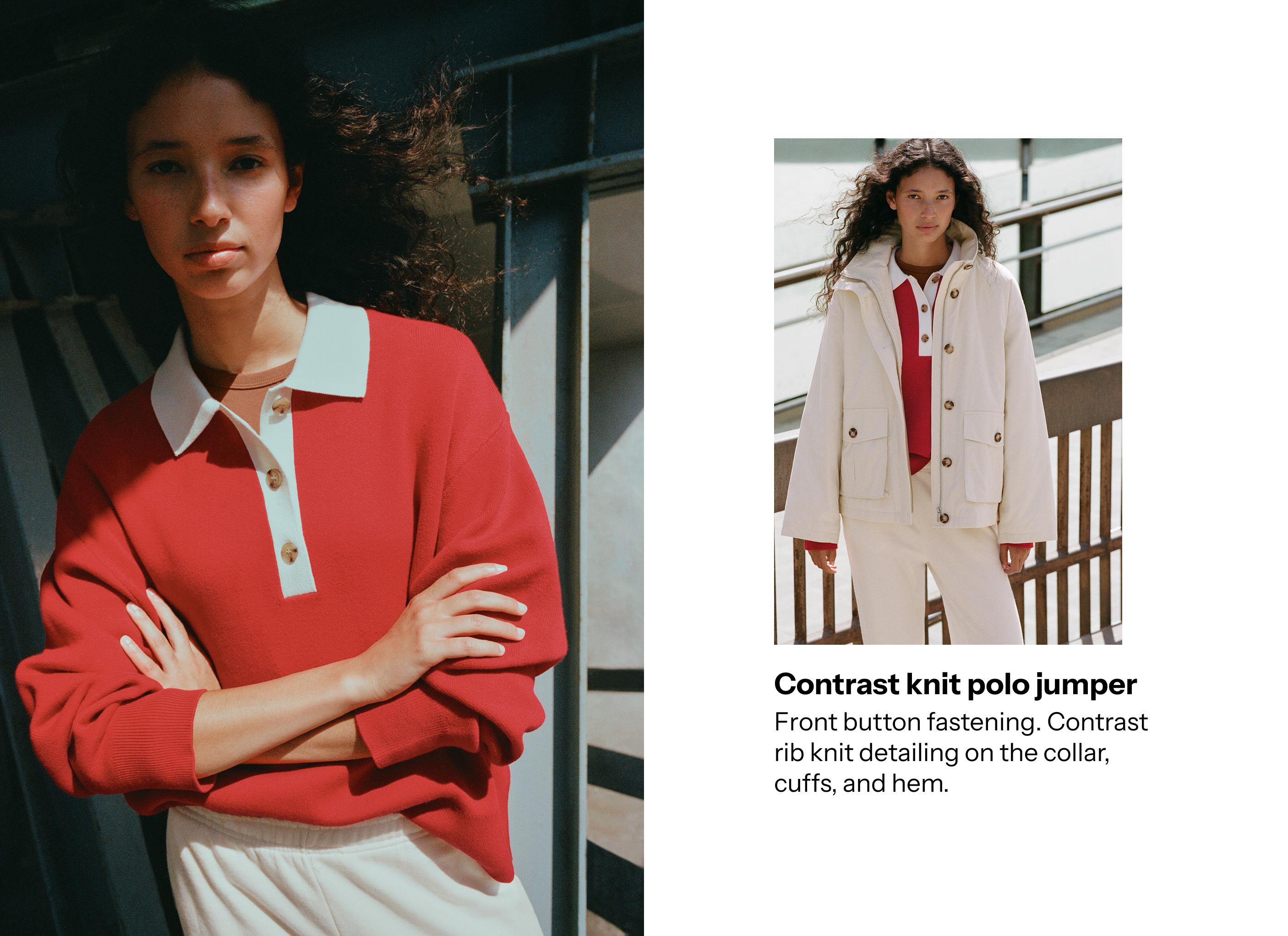 Contrast knit polo jumper — STRAWBERRY