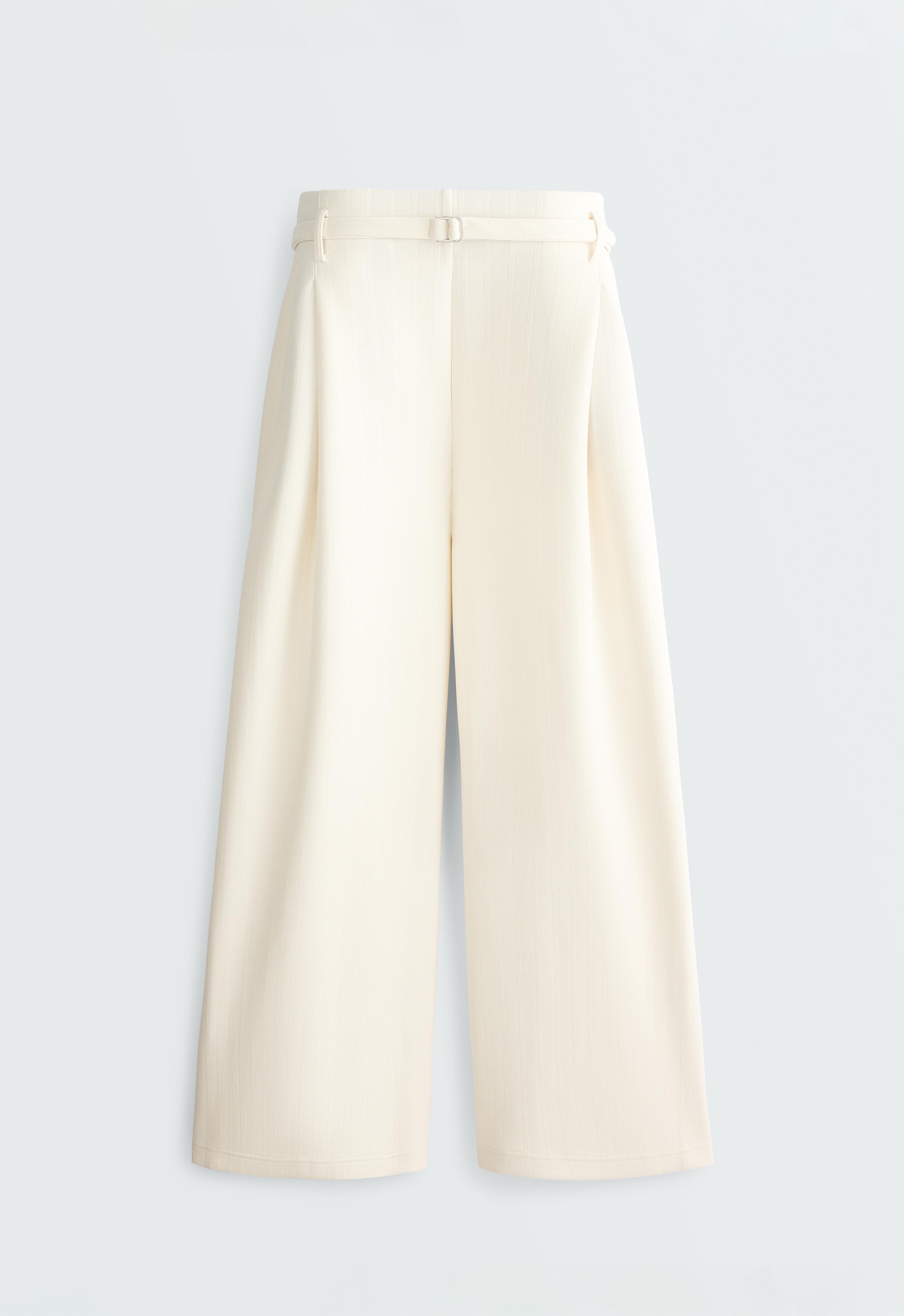 Striped cotton piqué wide-leg trousers — PALE ECRU