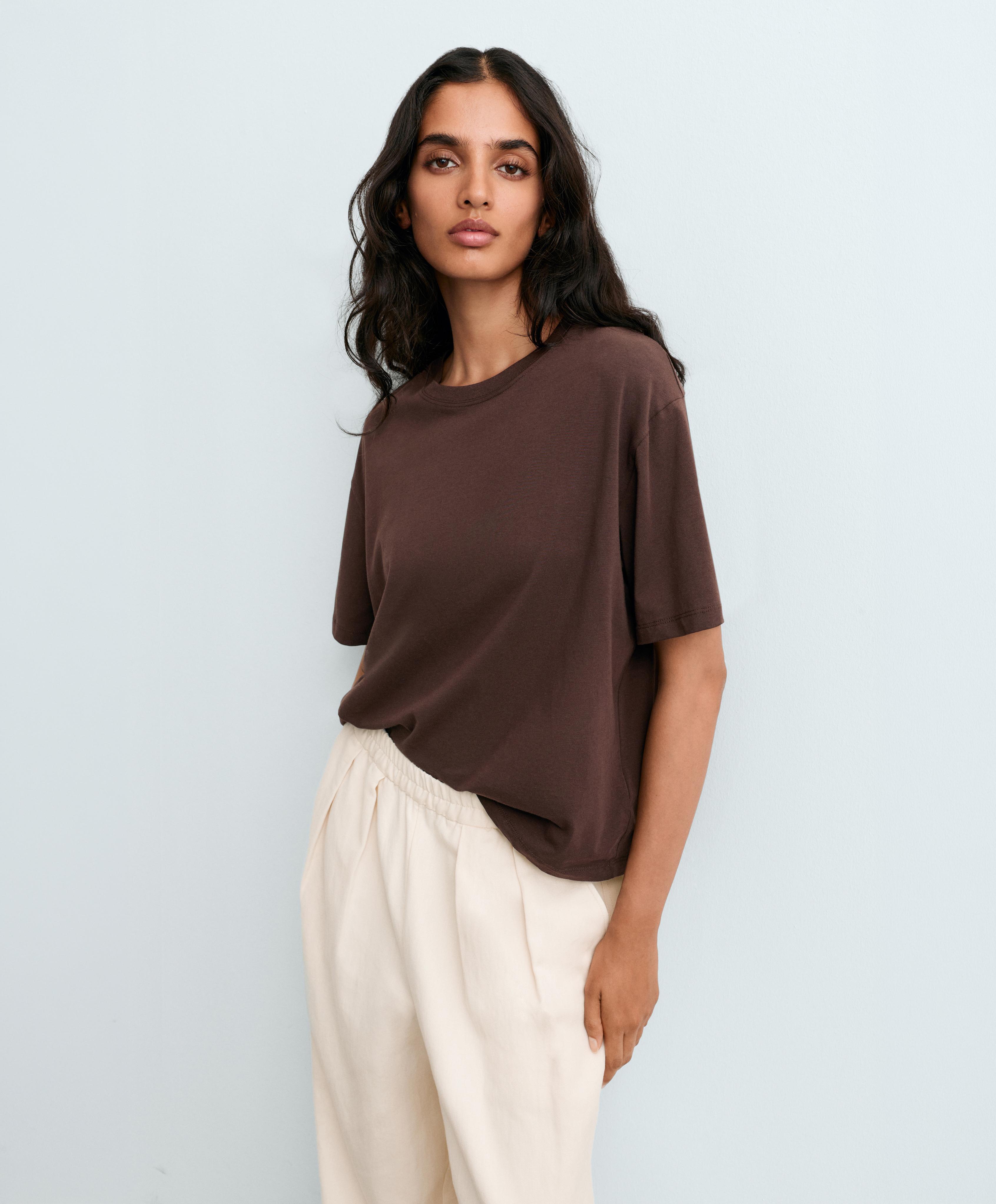 Boxy short-sleeved cotton blend T-shirt — DARK BROWN