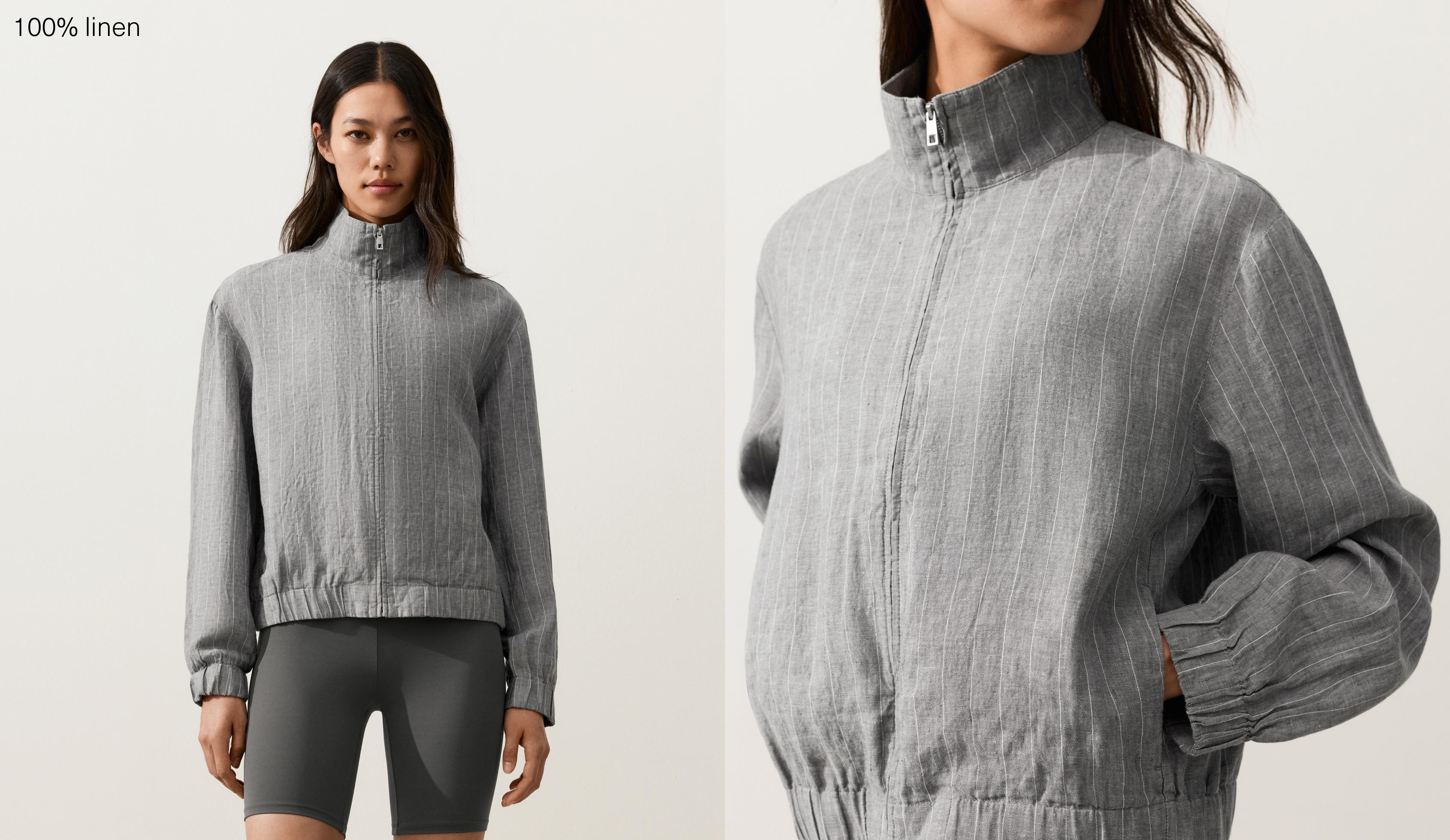 Pinstriped 100% linen high-neck jacket — MID GREY