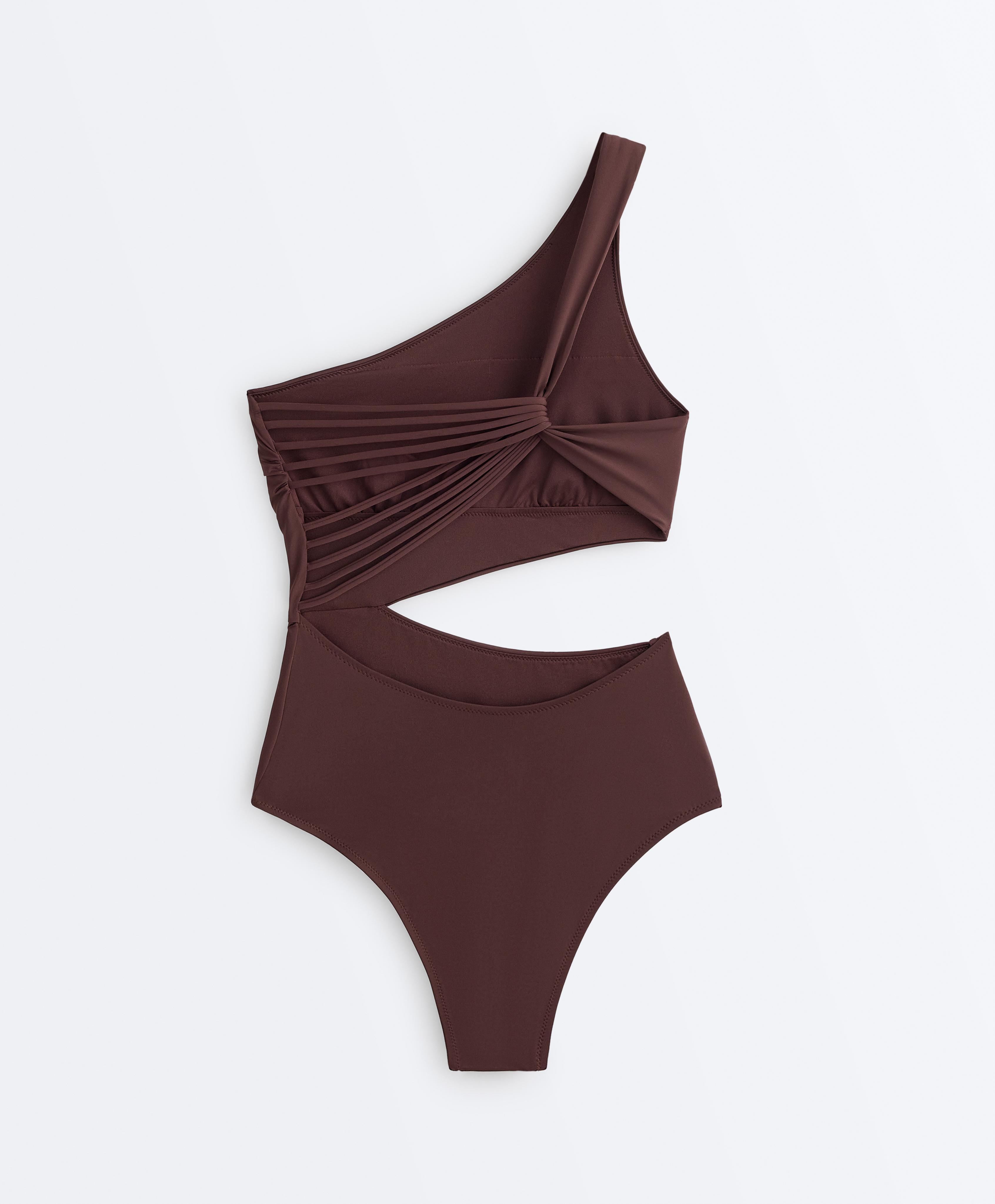 Asymmetric strap trikini — CHOCOLATE