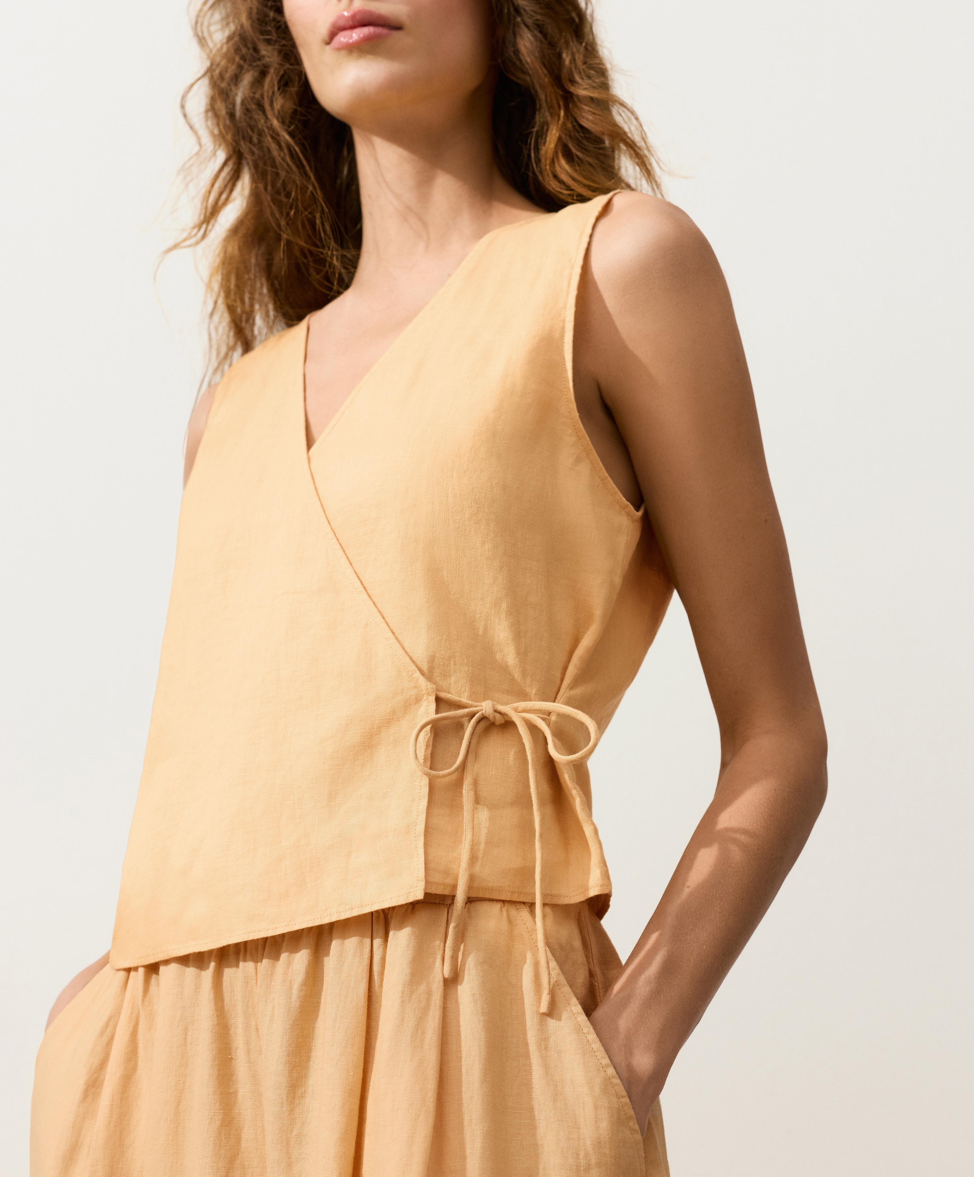 100% linen square neck crossover tie top — BURNT YELLOW