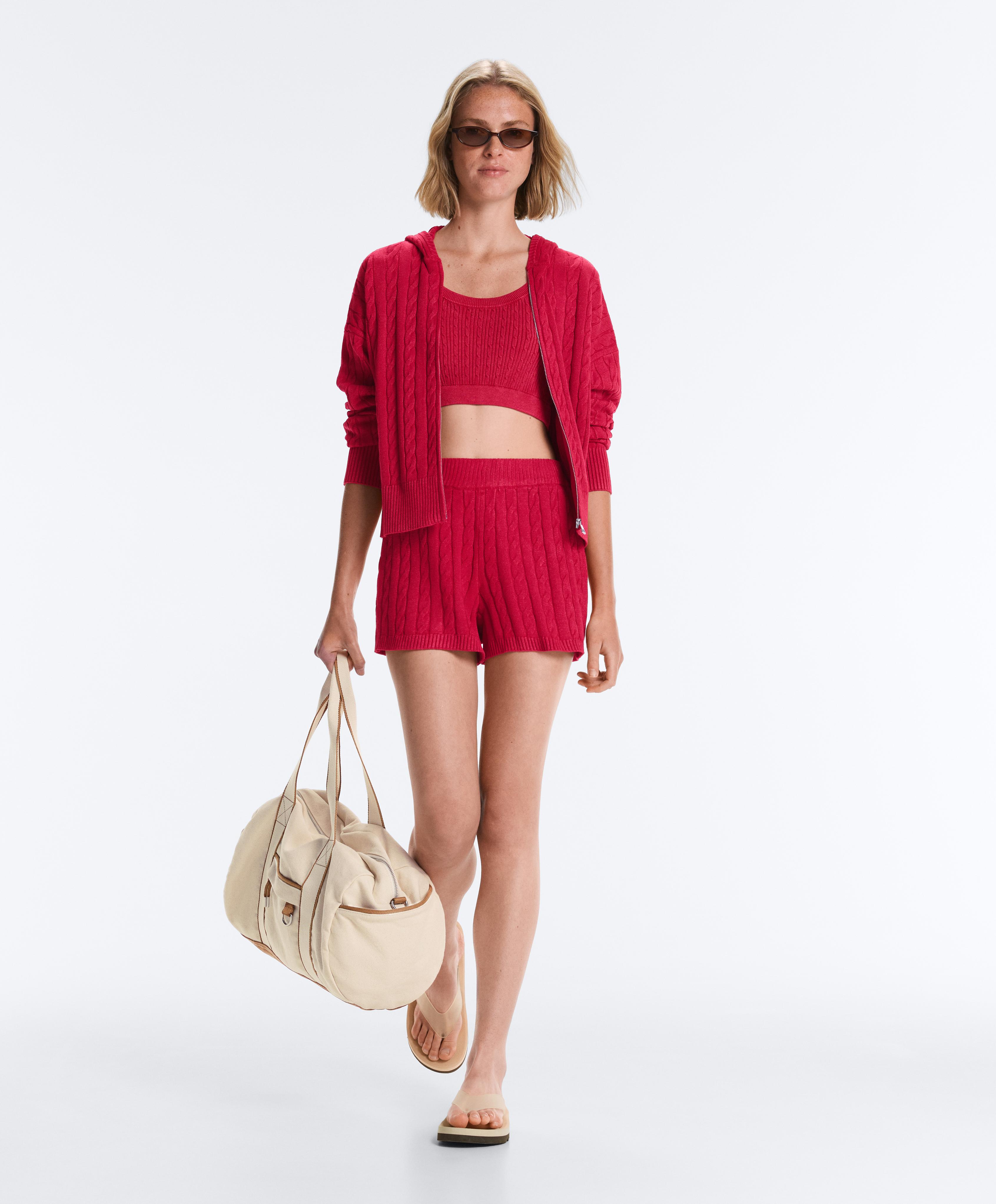 Washed cable knit hooded jacket — RED