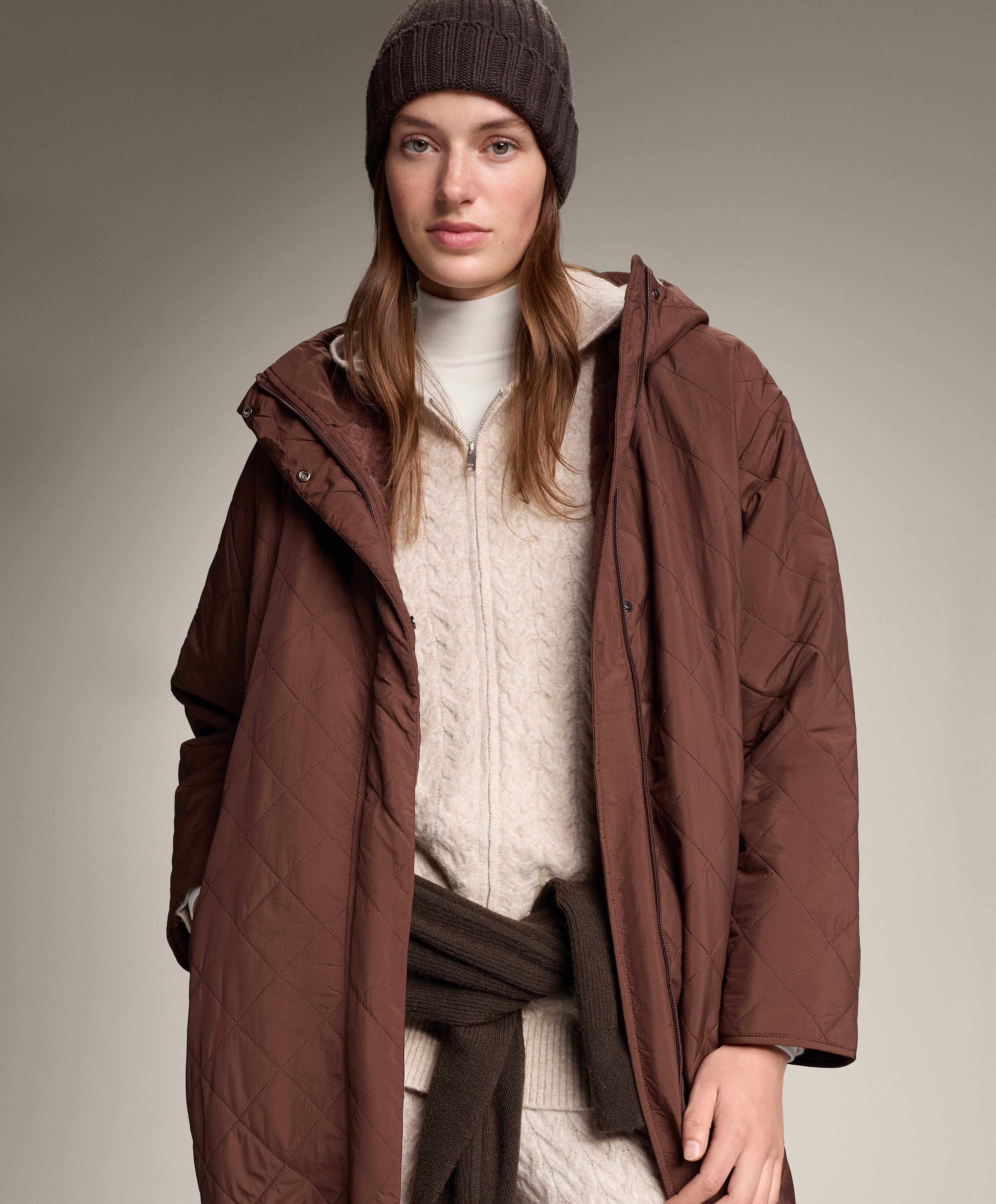 Long hooded cable knit jacket