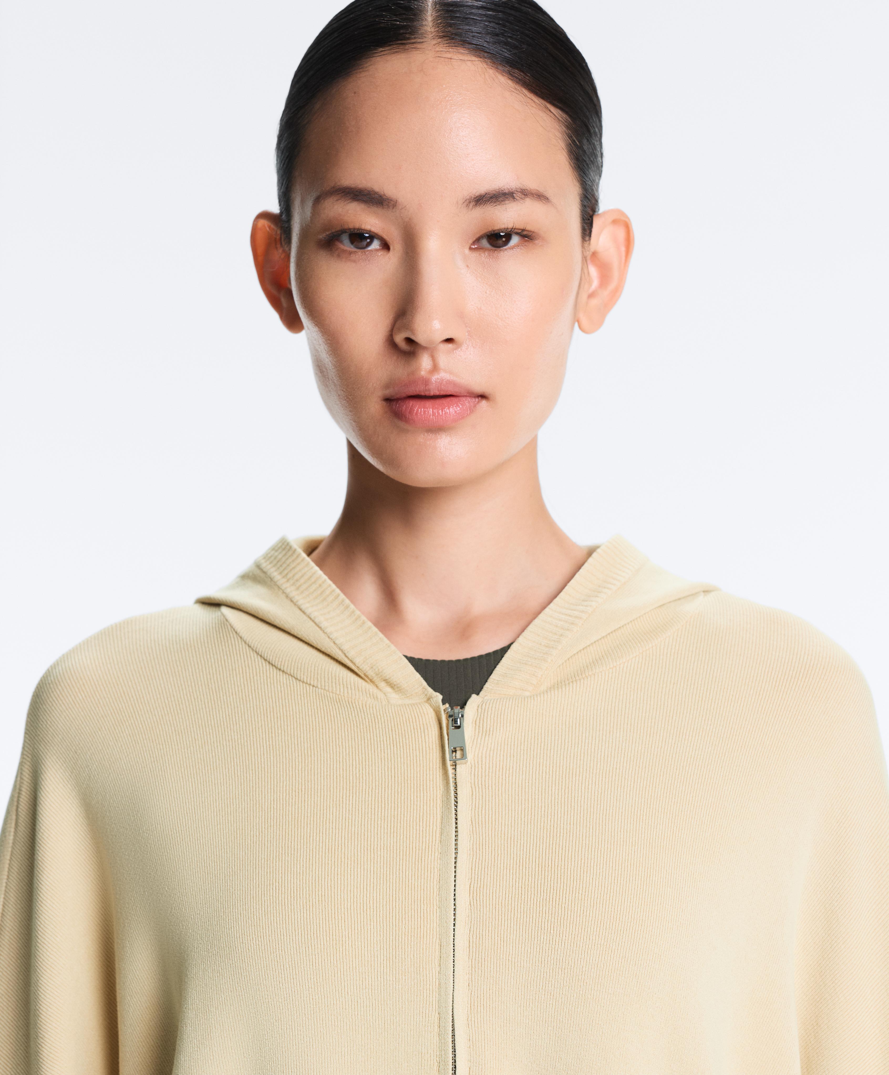 Long knit hooded jacket — BEIGE