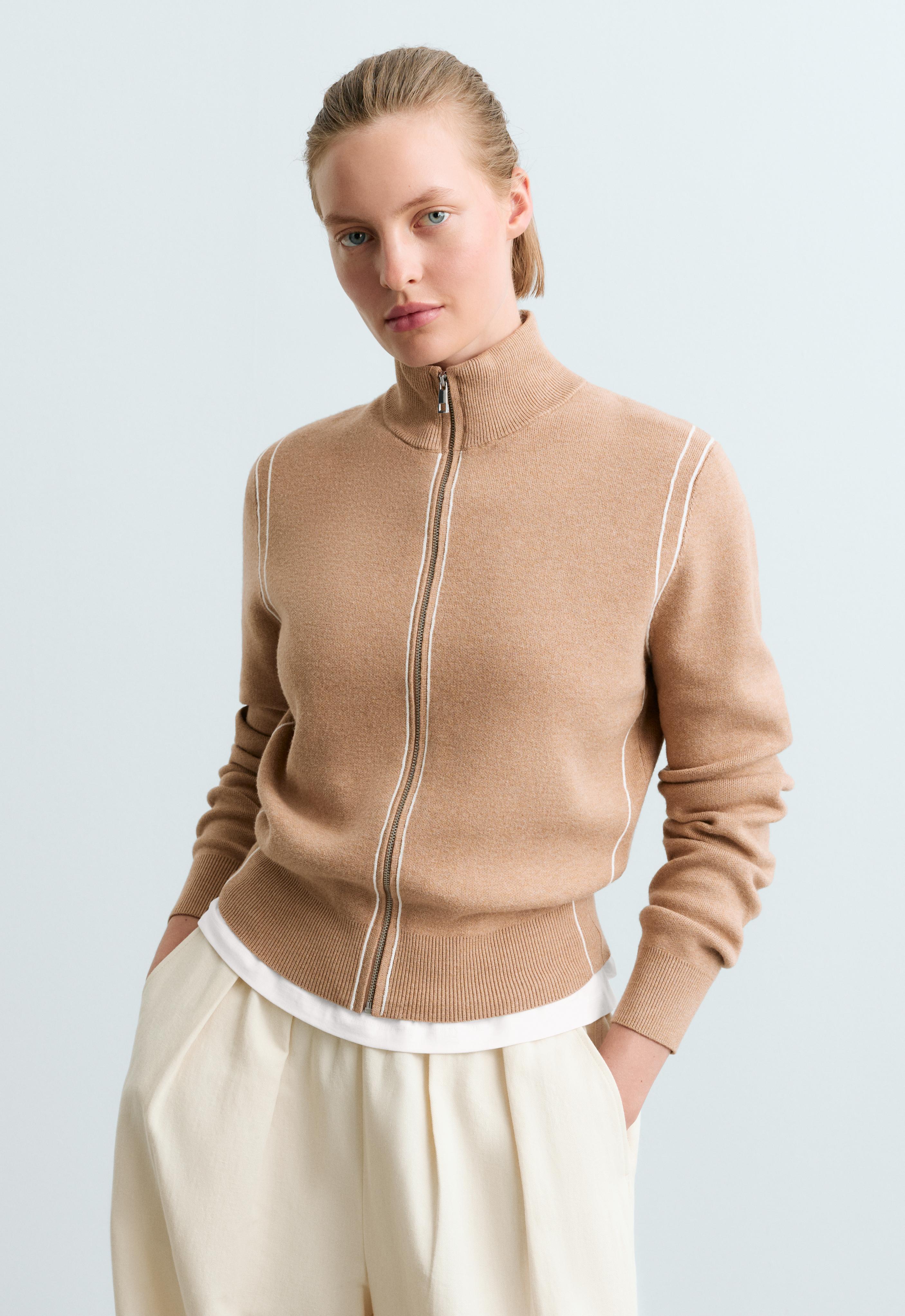 Contrast piping knit jacket — CAMEL
