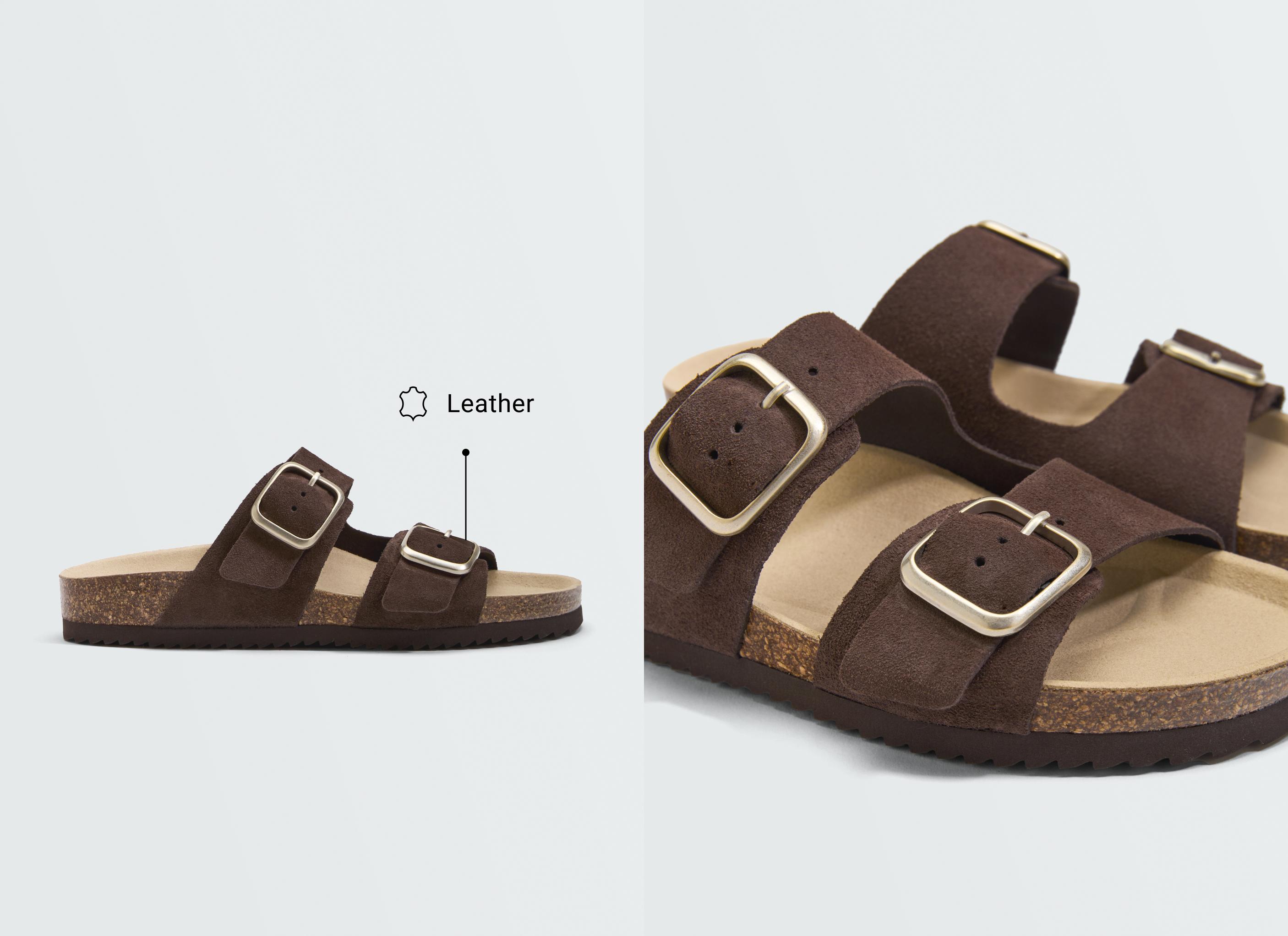 Buckle split-leather slides — BROWN