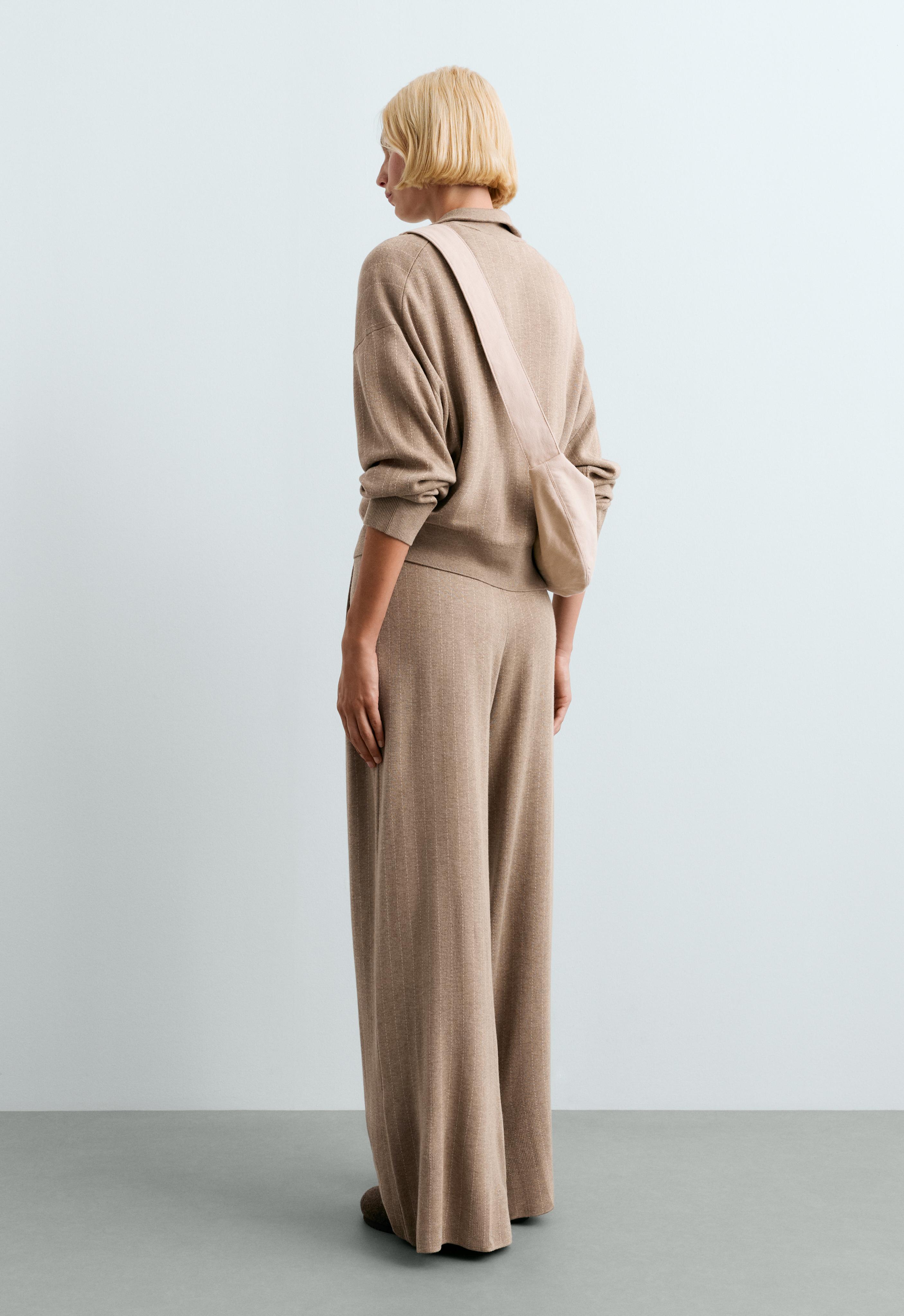 Wide-leg pinstripe knit trousers — DARK NOUGAT