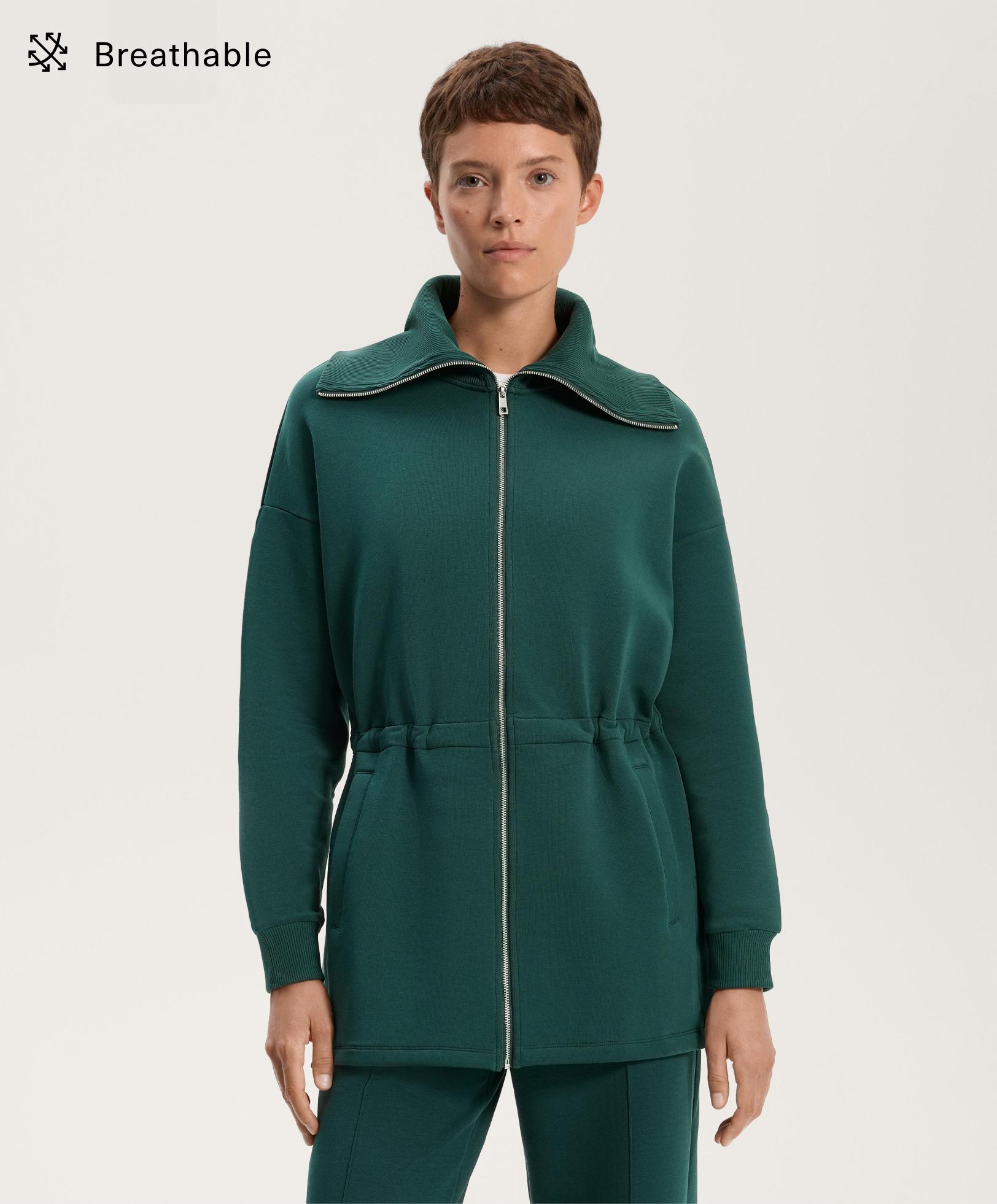 Long jacket with adjustable waist, rib collar in a cotton blend Long jacket with adjustable waist, rib collar in a cotton blend