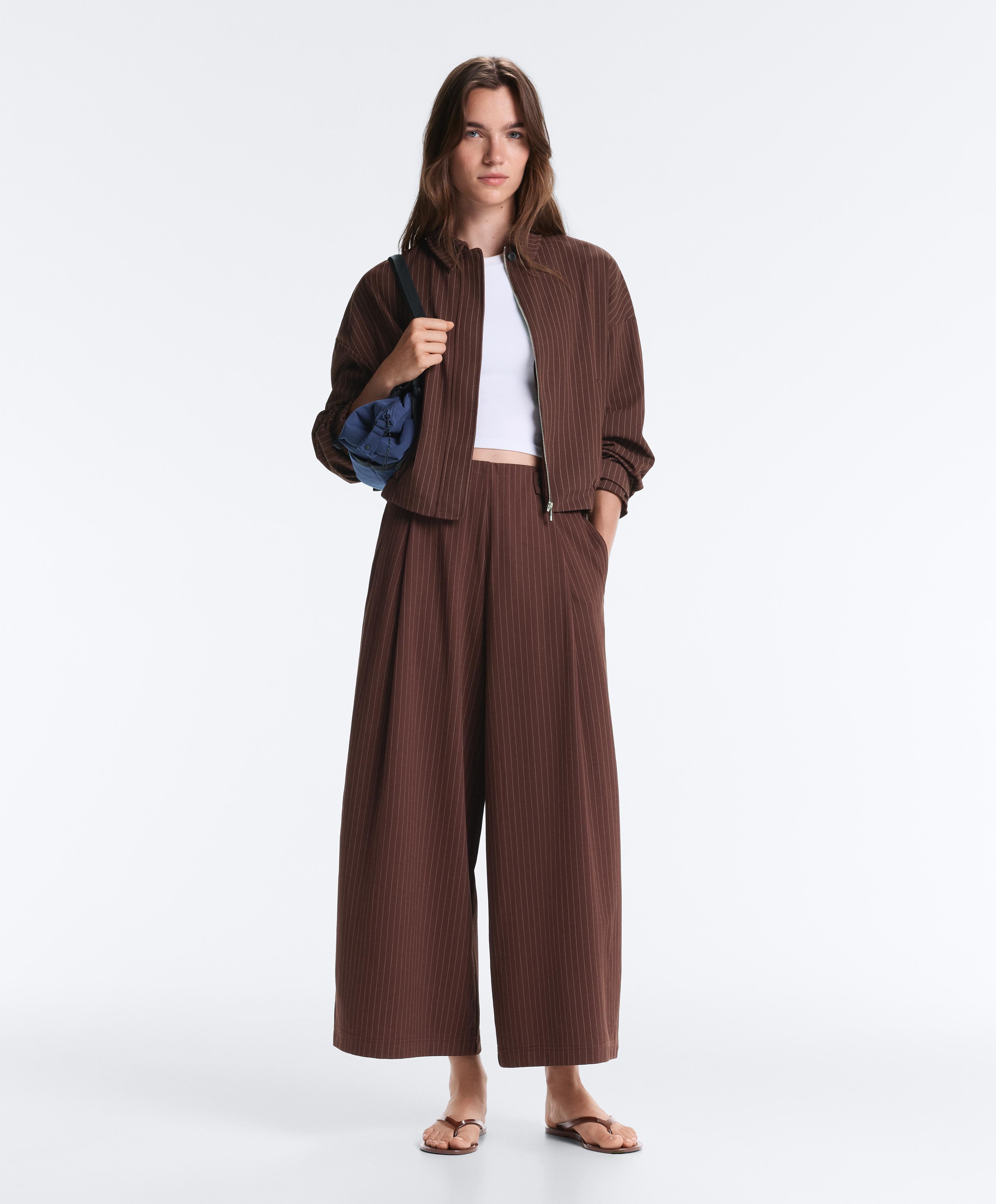Brown pinstripe cotton cropped wide-leg trousers total look Brown pinstripe cotton cropped wide-leg trousers total look