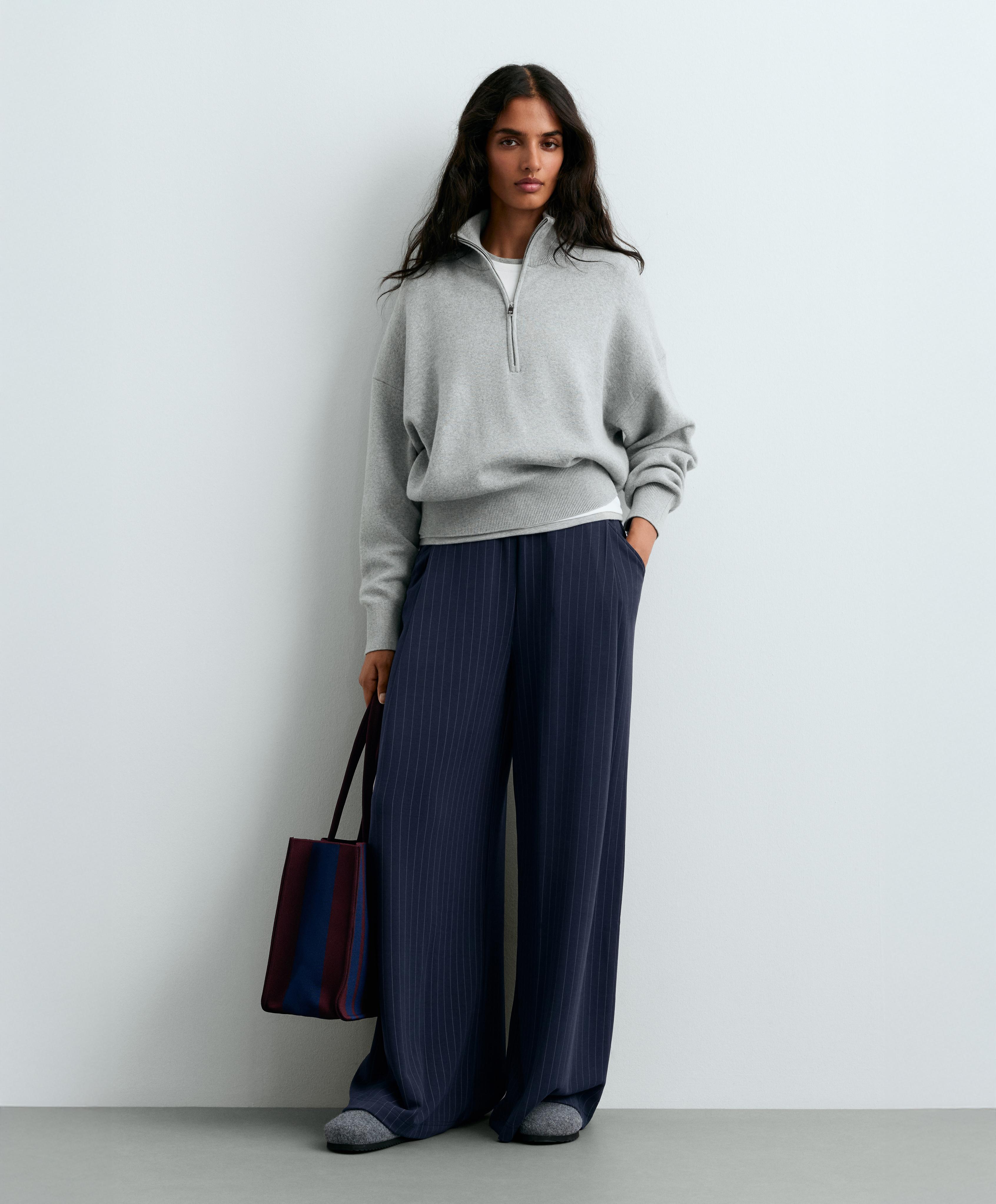 Modal pinstripe wide-leg trousers — NAVY BLUE