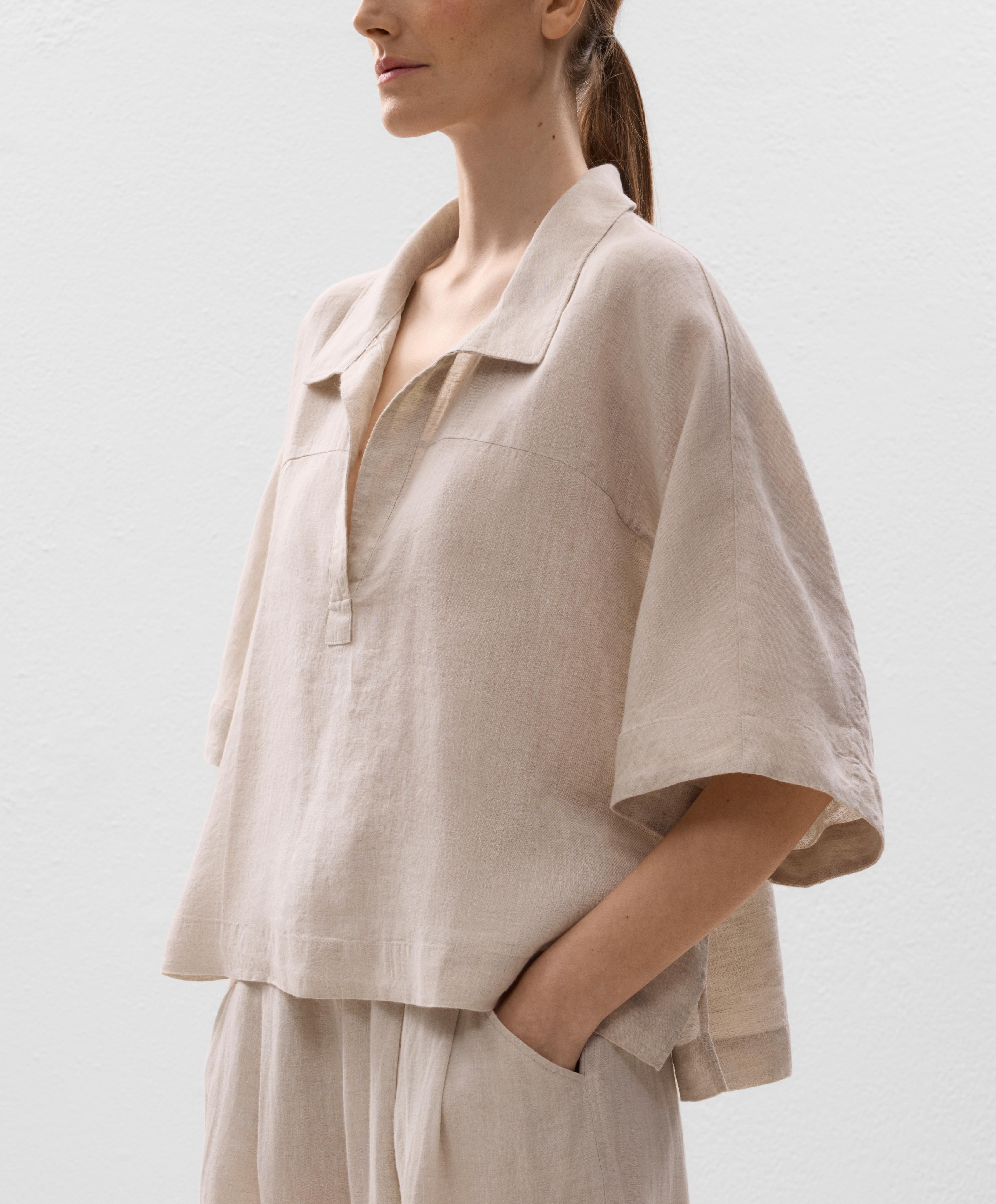 Oversize short-sleeved 100% linen shirt — SAND MELANGE