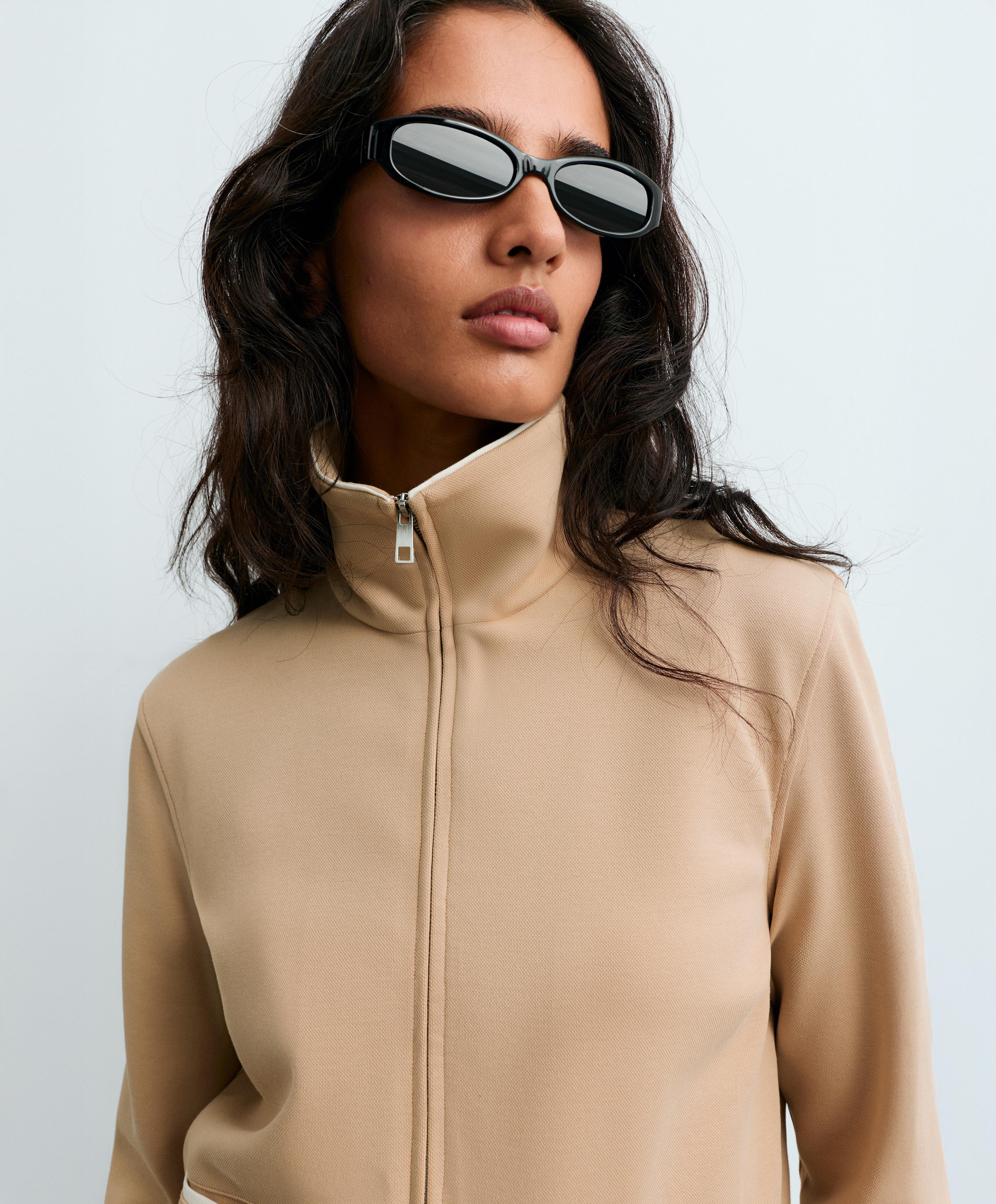 Cotton piqué jacket with piping — BEIGE