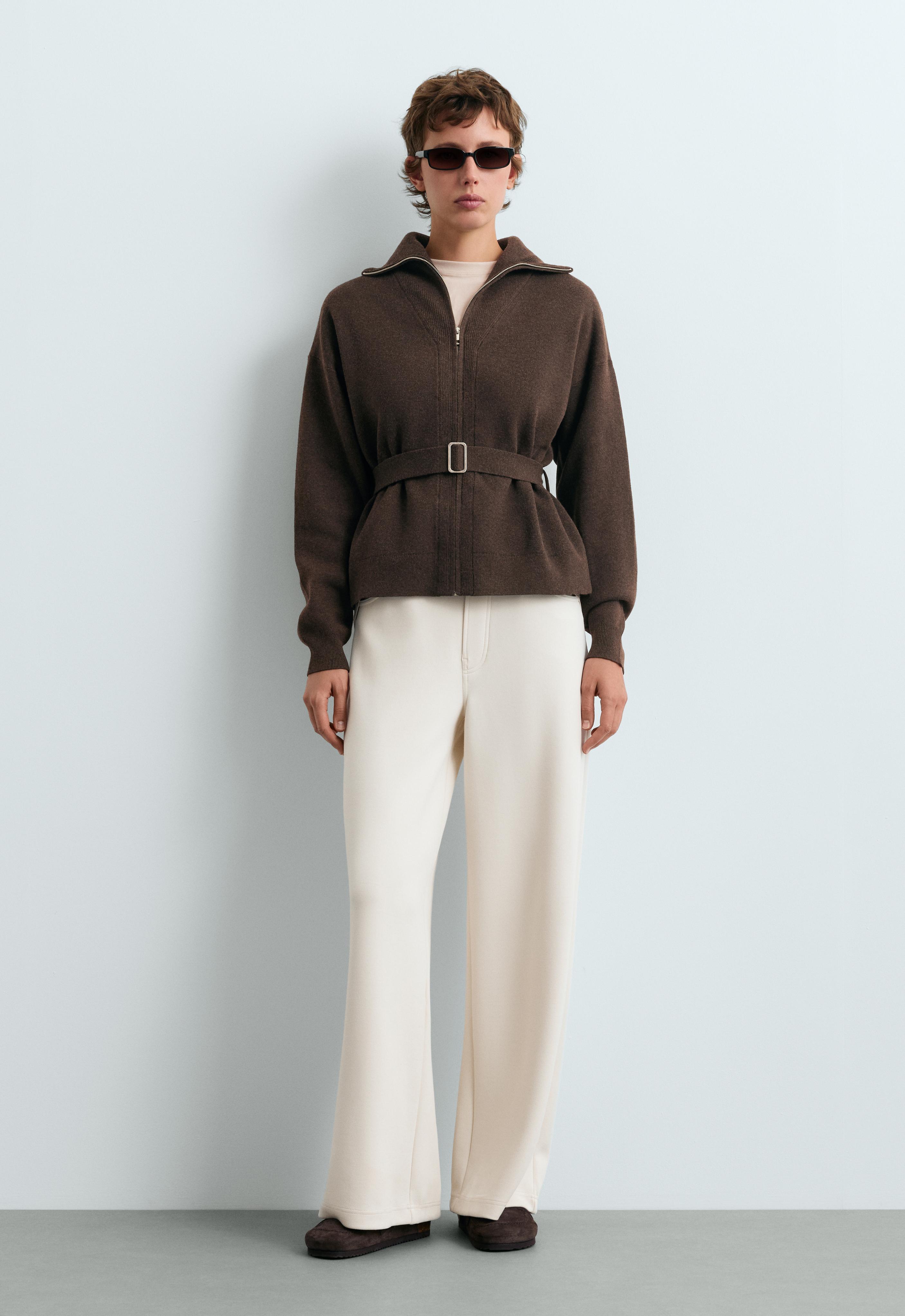 Knit jacket with high collar and belt