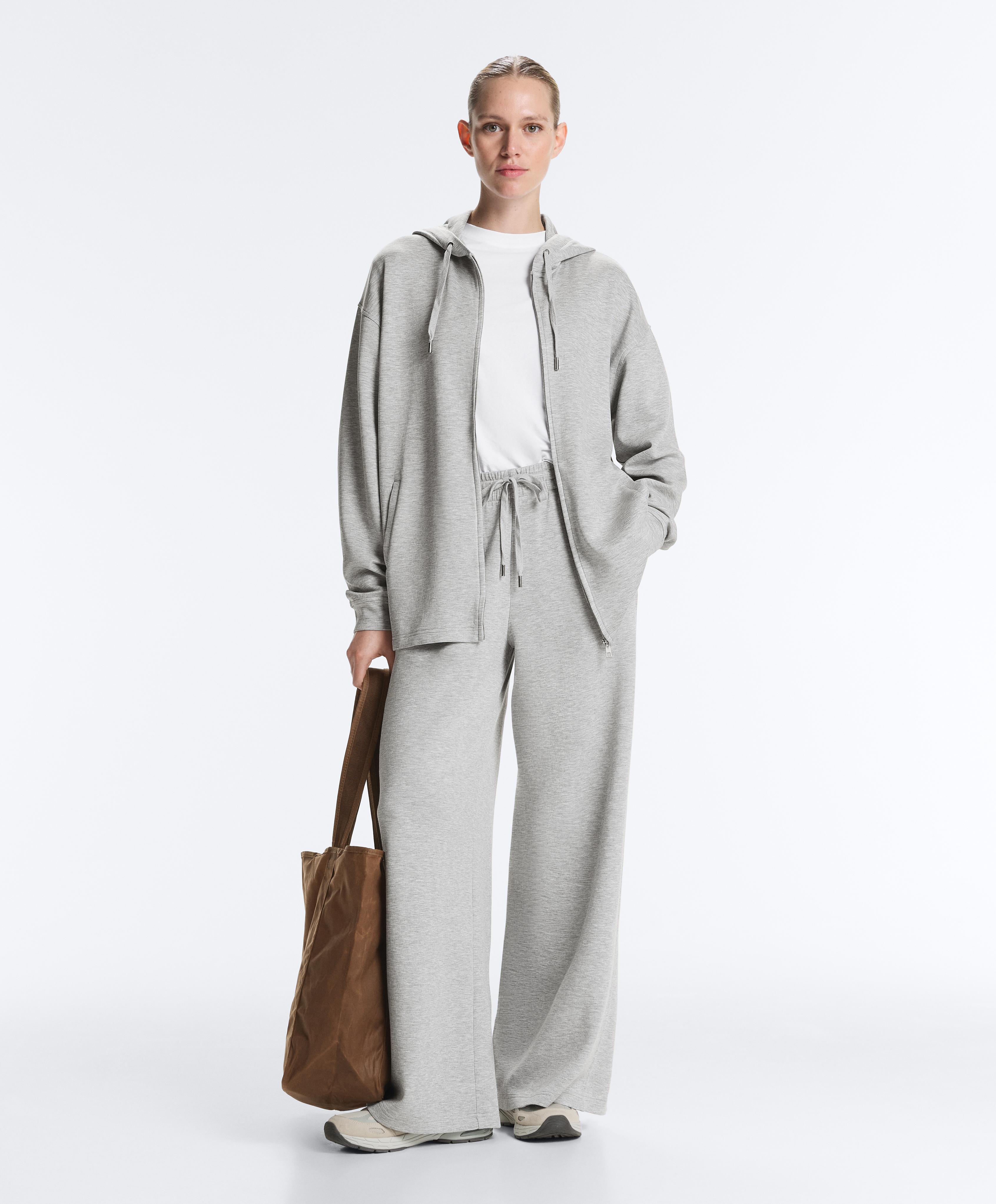 Long melange piqué hooded jacket — GREY MELANGE