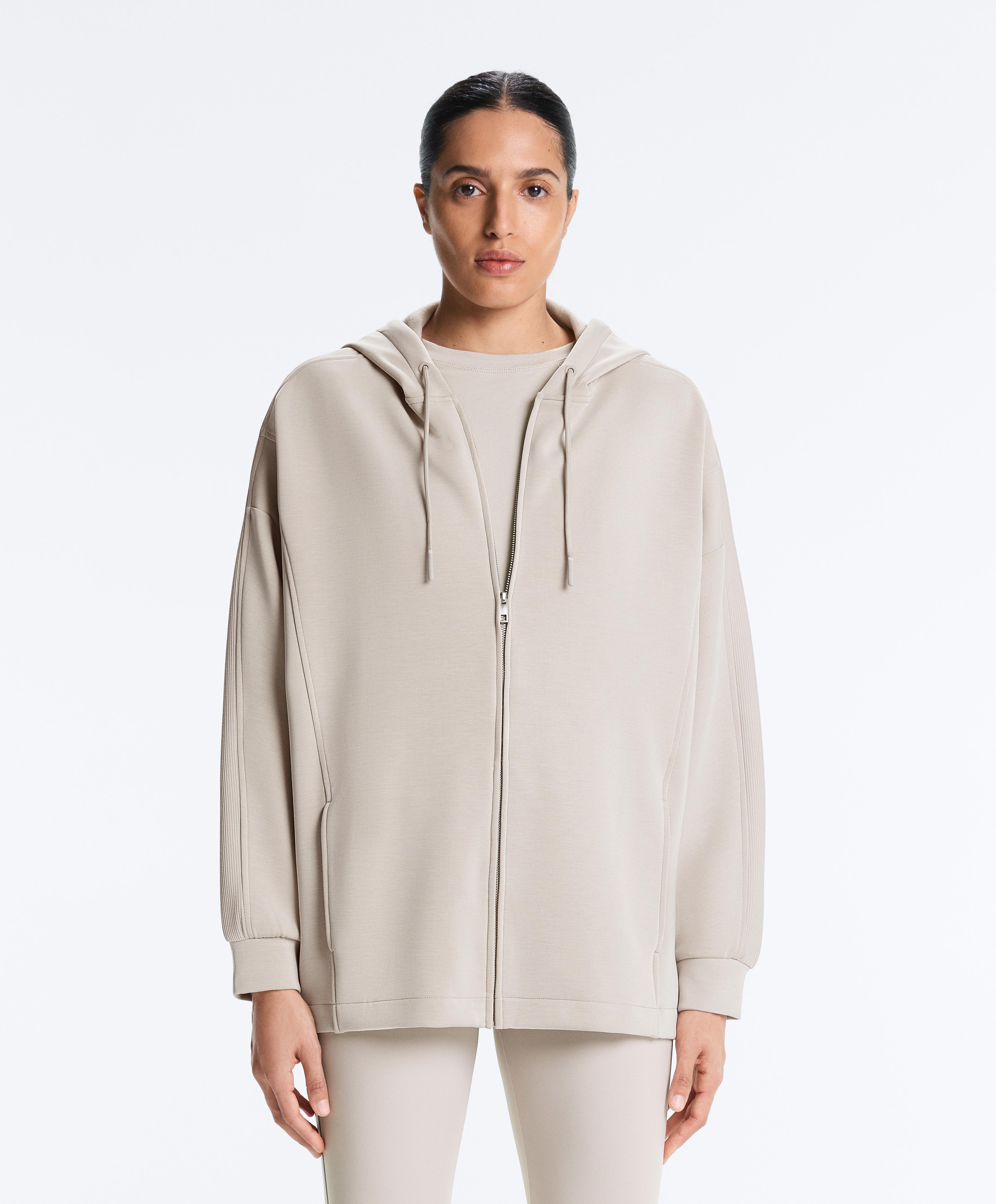Long hooded jacket with rib details and brushed modal — TAUPE