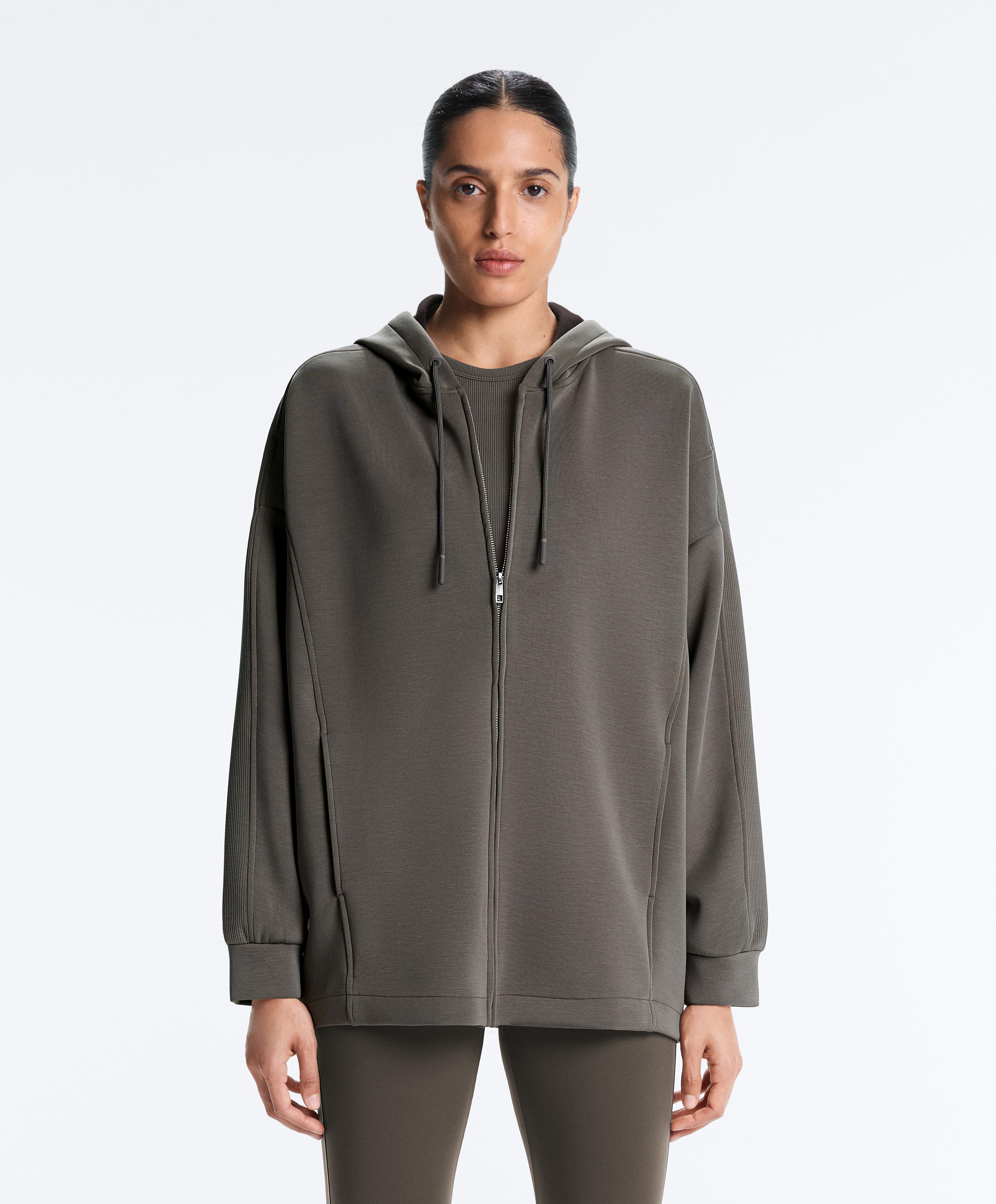 Long hooded jacket with rib details and brushed modal