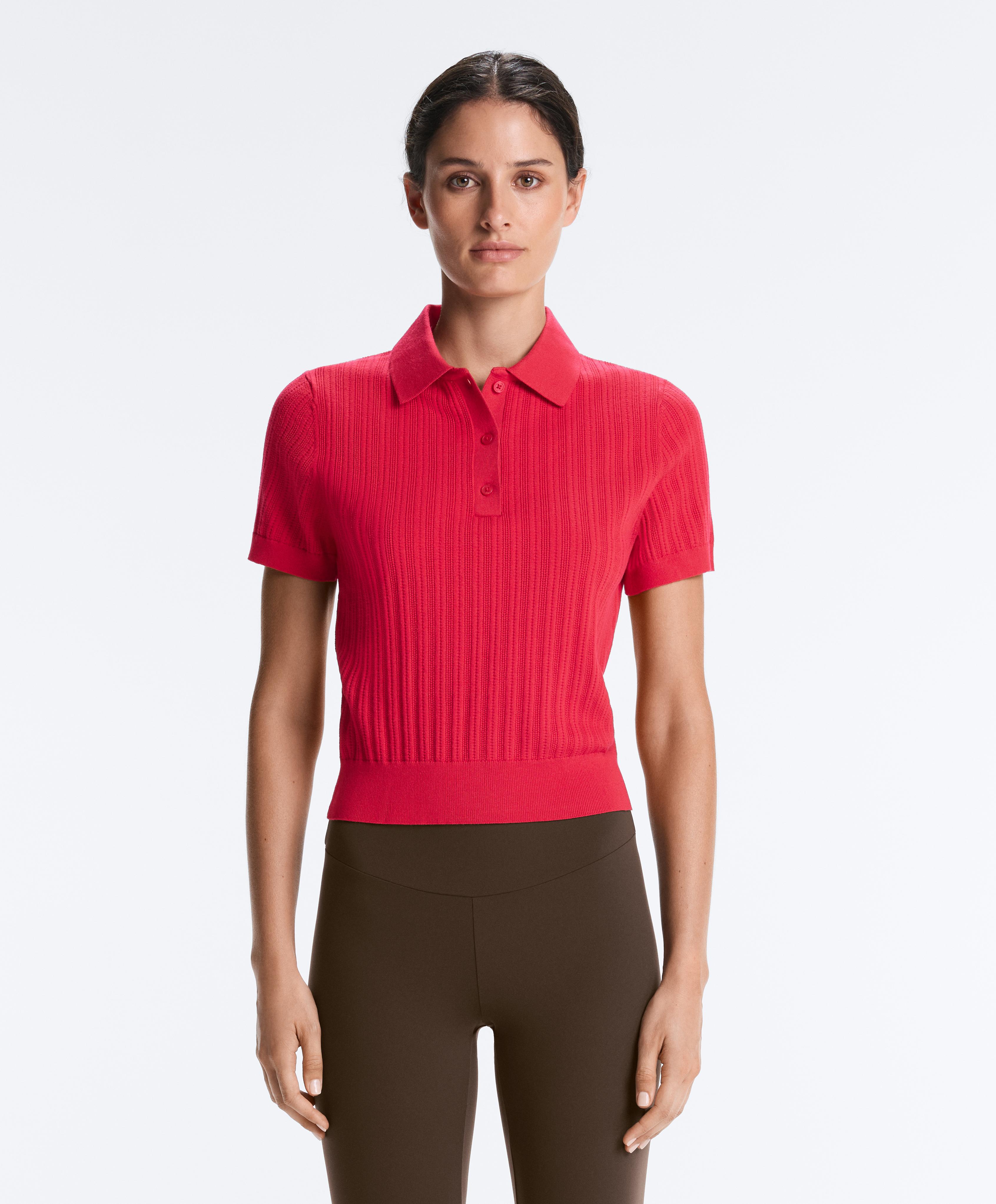 Short sleeve openwork knit polo shirt