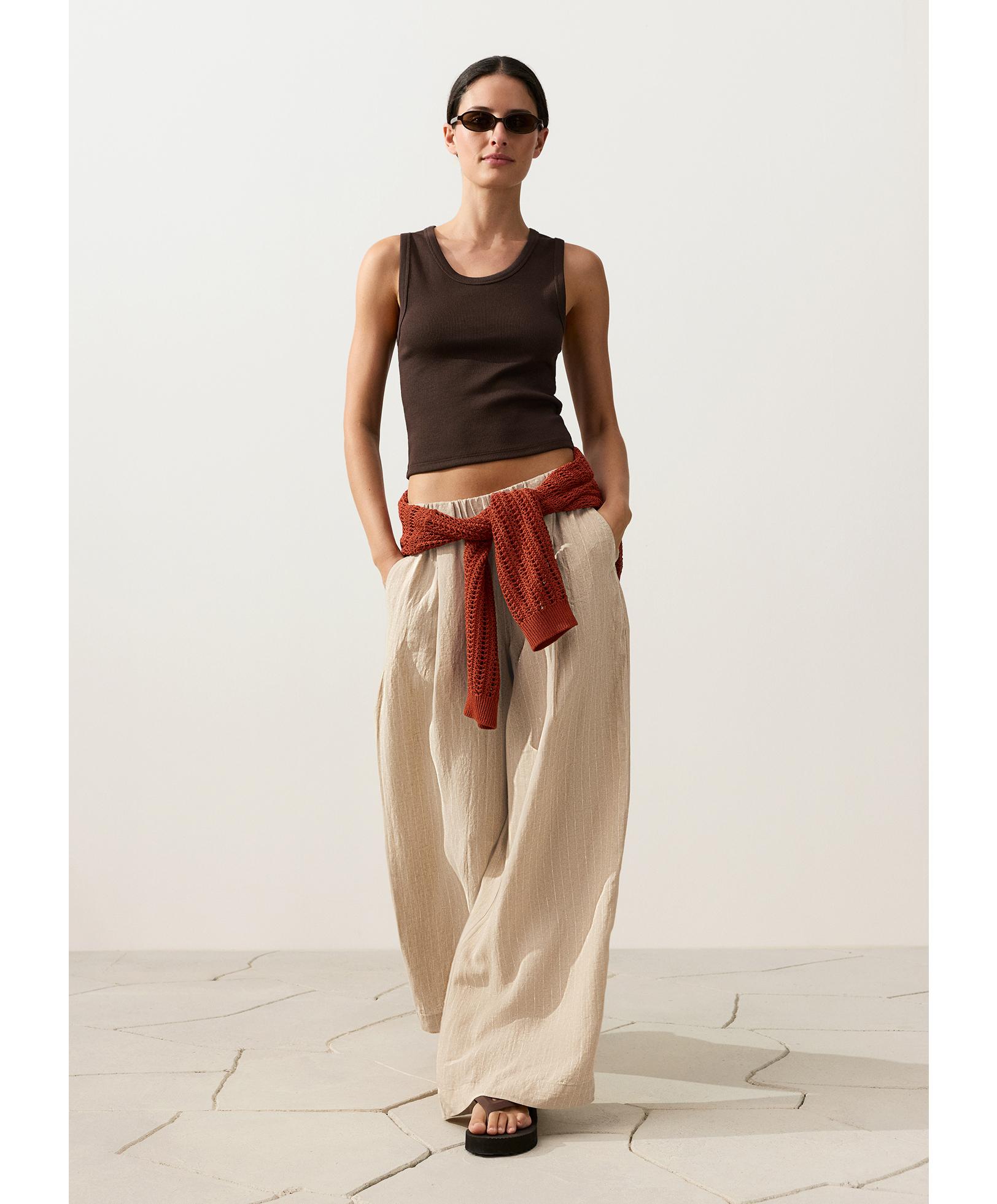 100% linen wide-leg striped trousers — SANDY