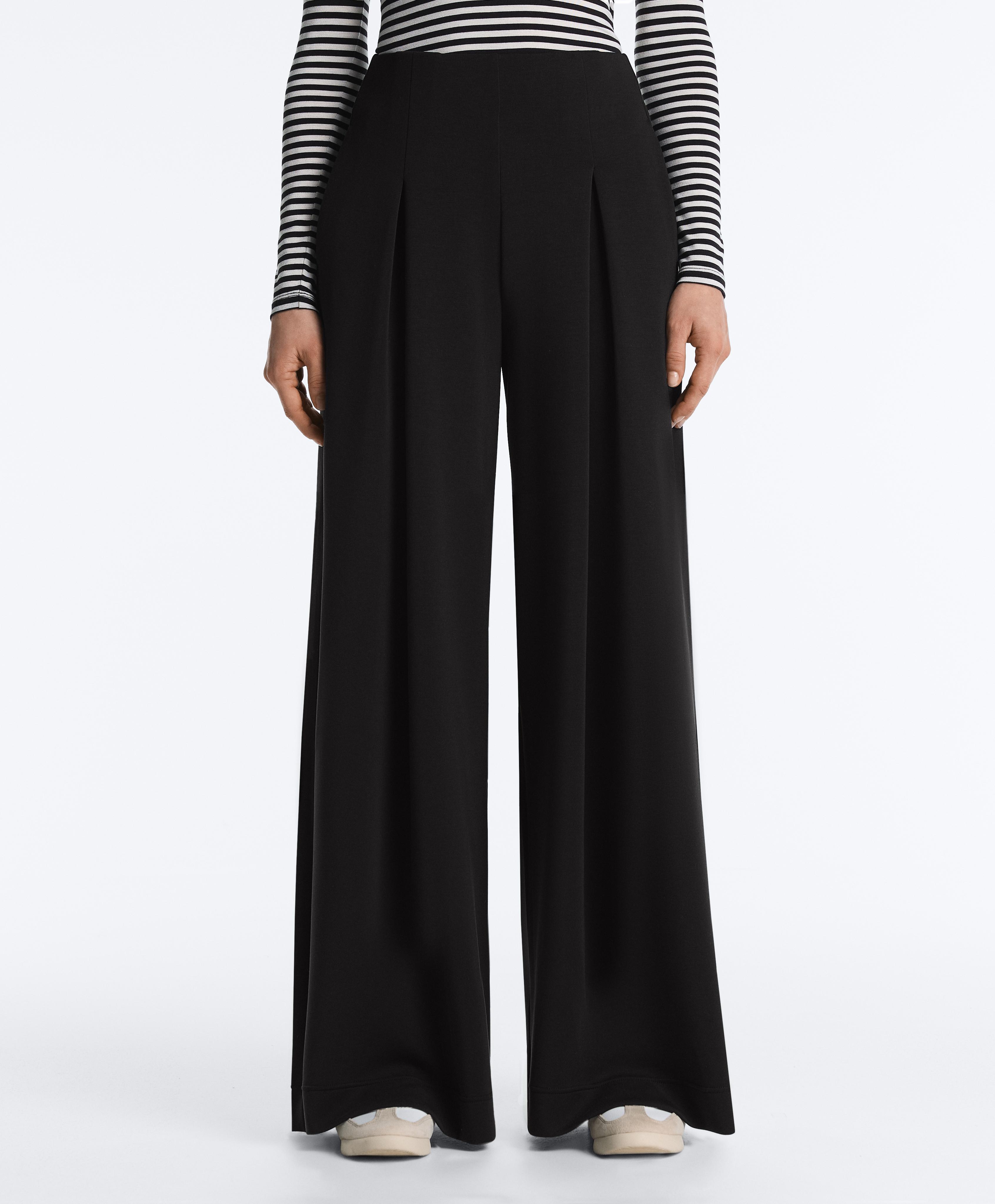 Long wide-leg trousers with soft touch modal and pleats — BLACK