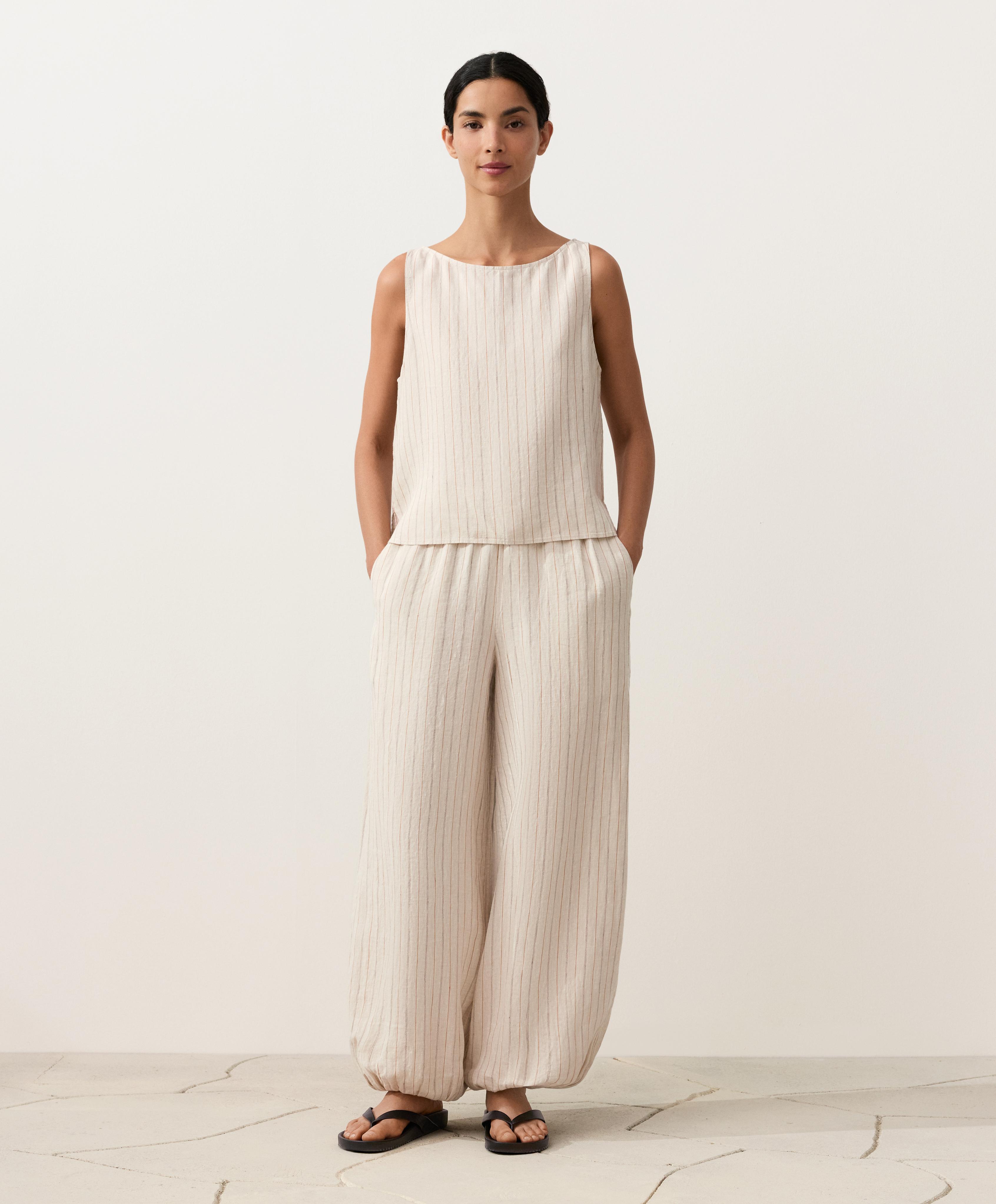 100% linen striped square top — SAND MELANGE