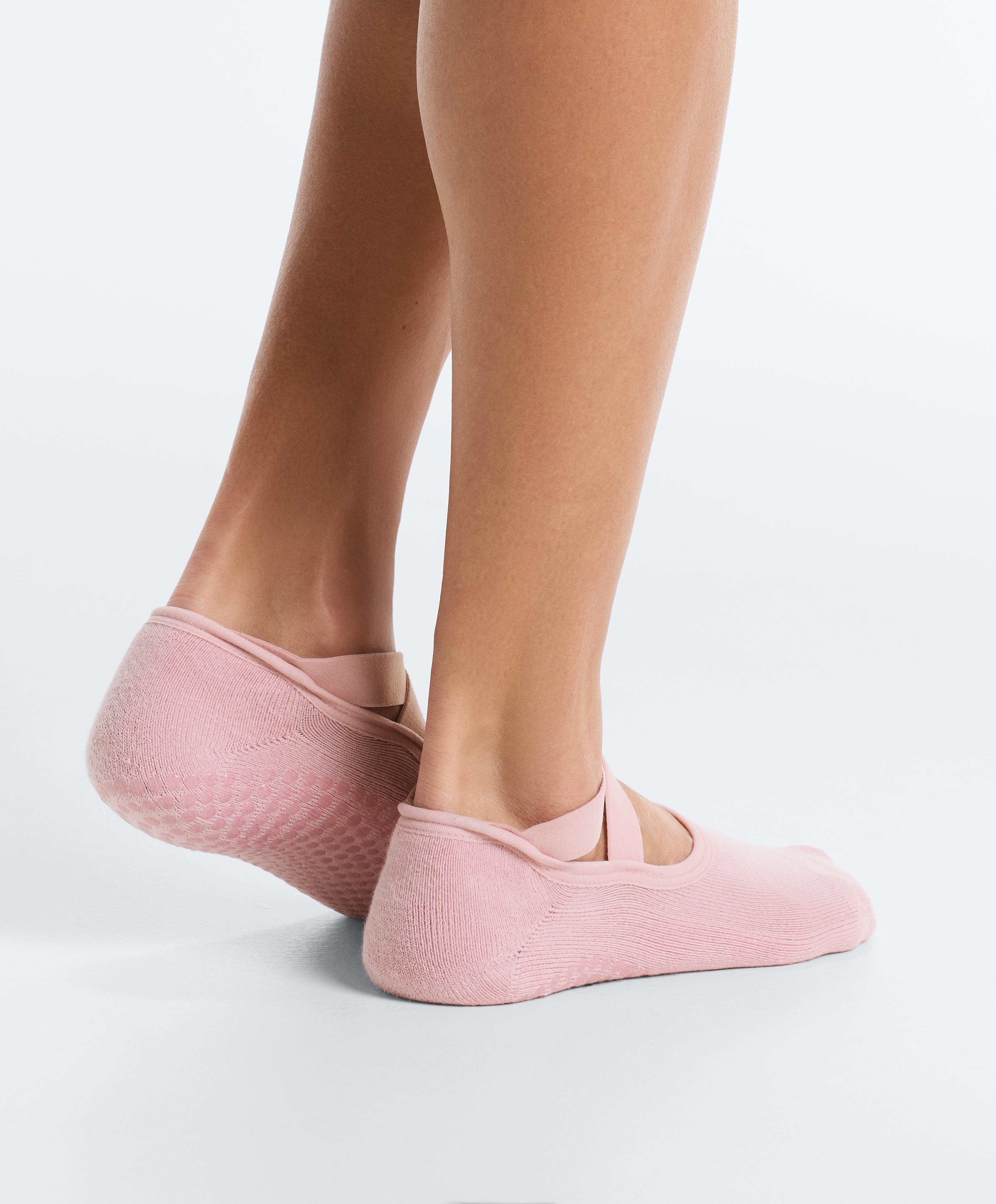 2 pairs of padded cotton blend yoga and Pilates socks with crossover straps — PALE PINK