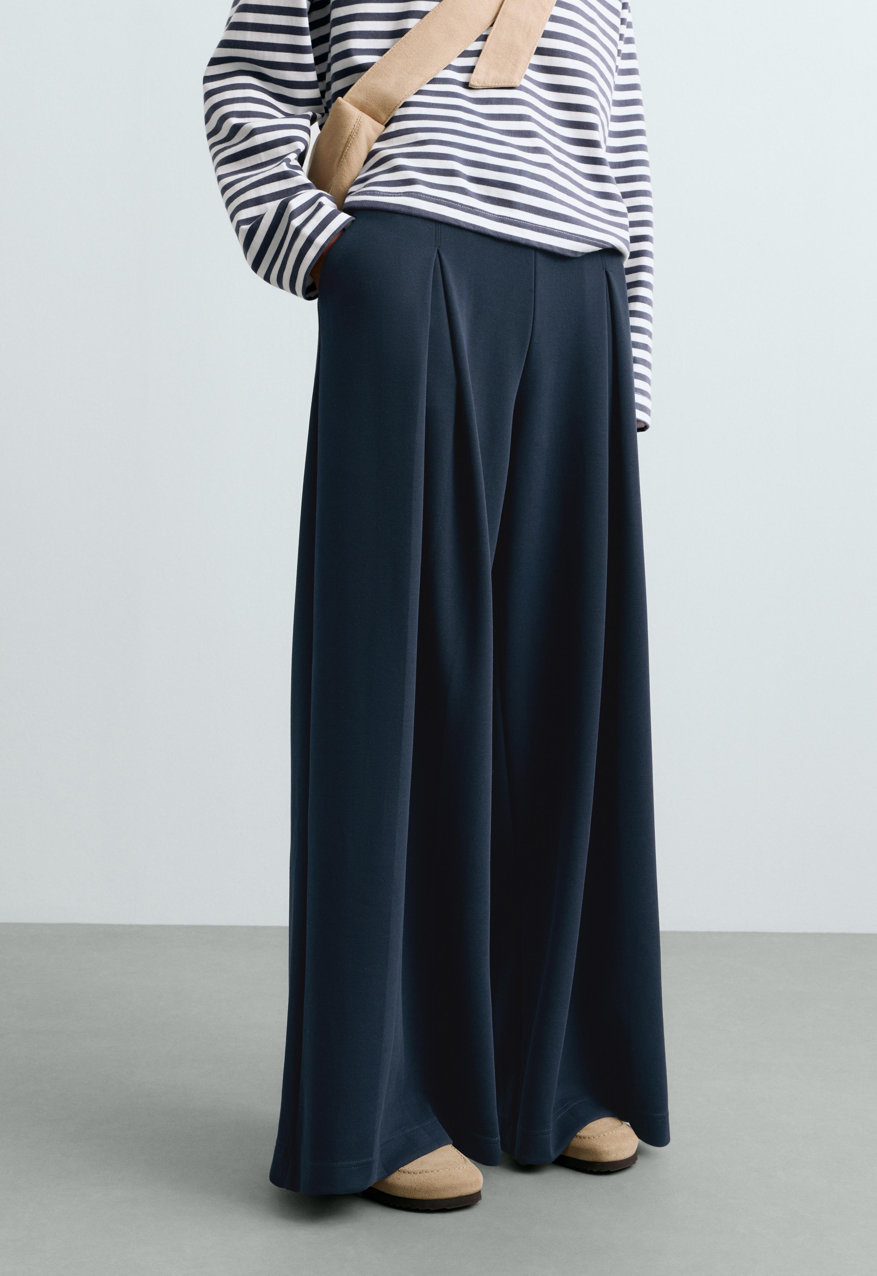 Wide-leg pique trousers with cotton — NAVY BLUE