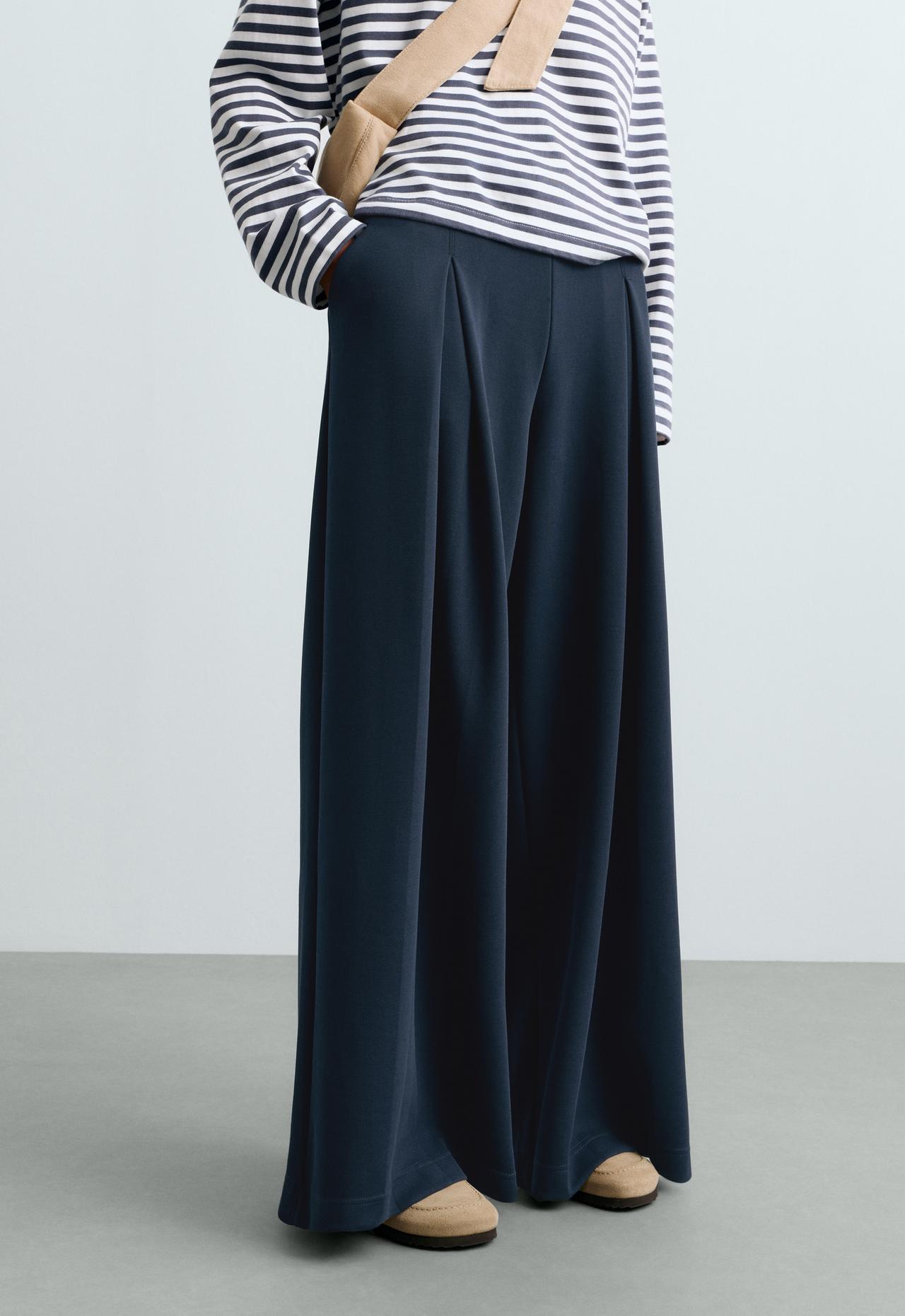 Wide-leg pique trousers with cotton — NAVY BLUE